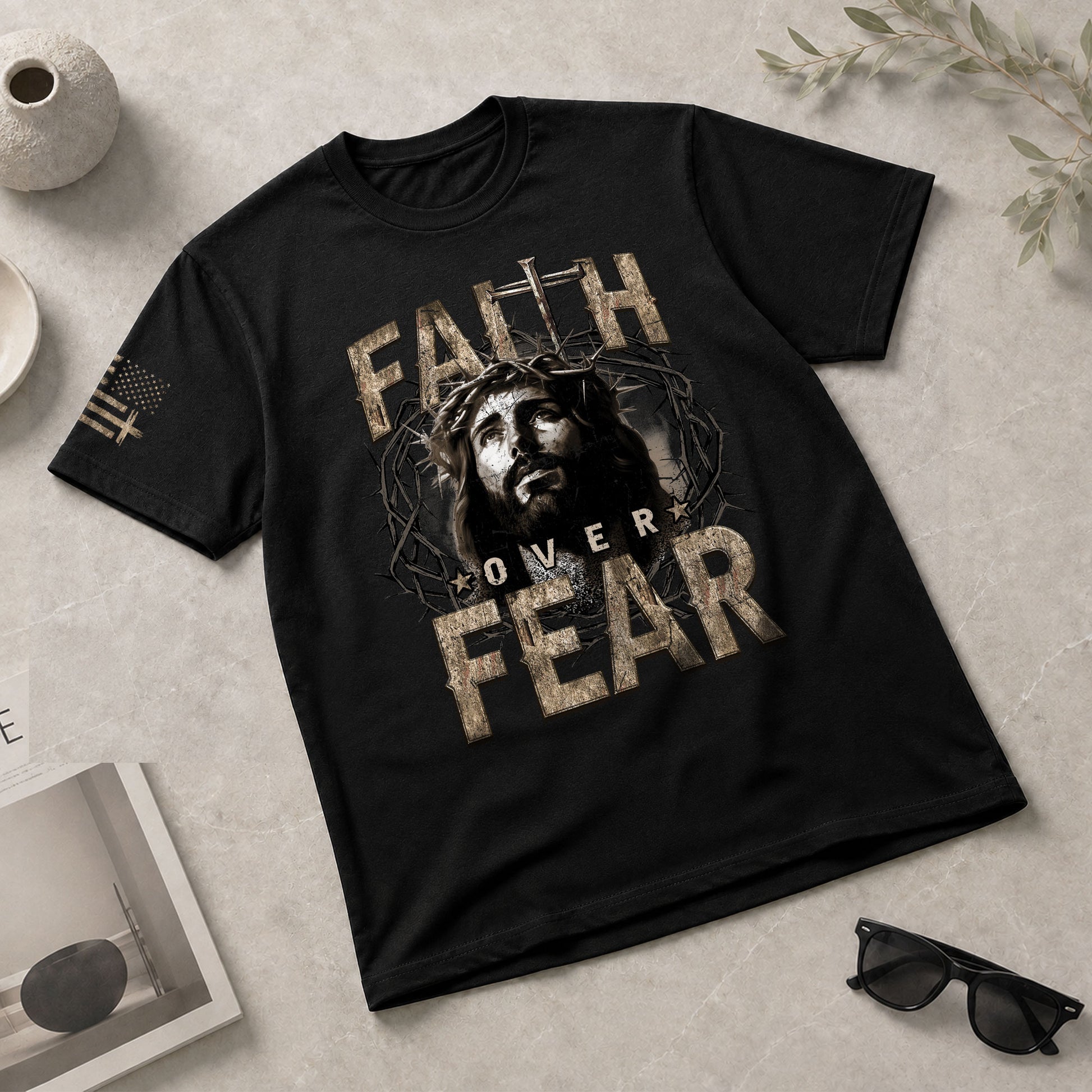 Faith Over Fear Christian Jesus Crown Cross Design, Christian Tee Shirts - Faith Shirts for Men - Rust Field Wear