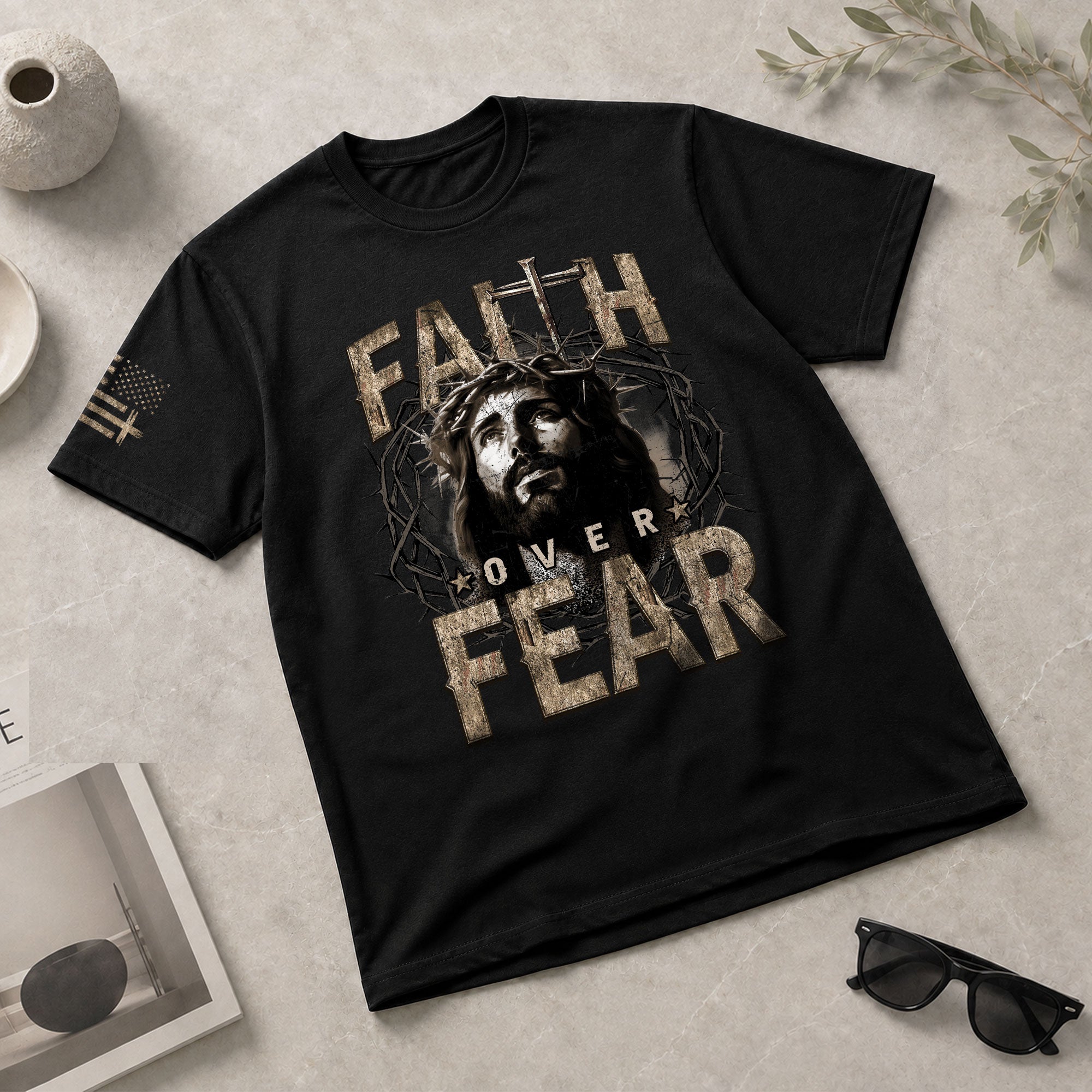 Faith Over Fear Christian Jesus Crown Cross Design, Christian Tee Shirts - Faith Shirts for Men - Rust Field Wear