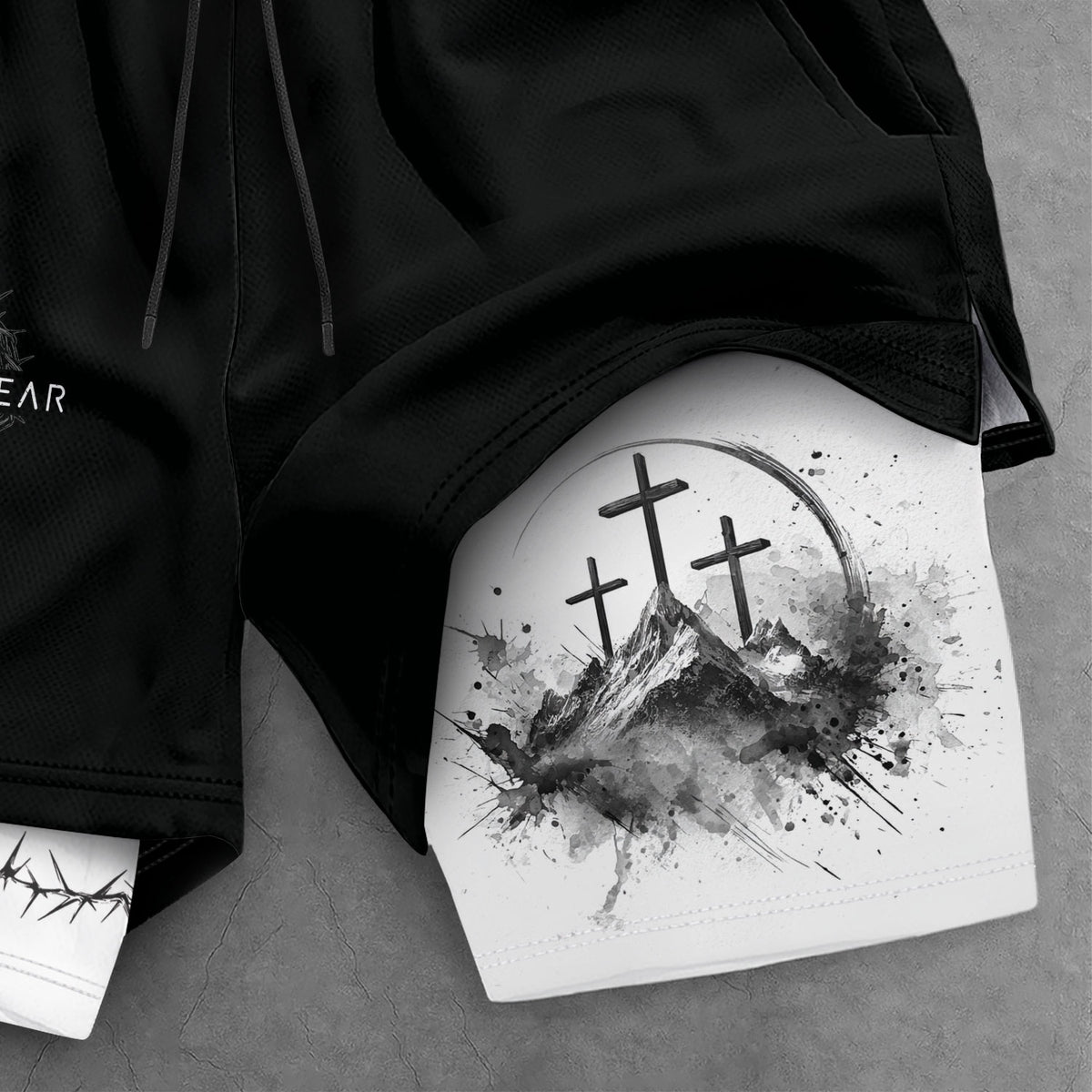 Faith Over Fear Christian Gym Shorts for Men Psalms 27:1 Cross Design - Rust Field Wear
