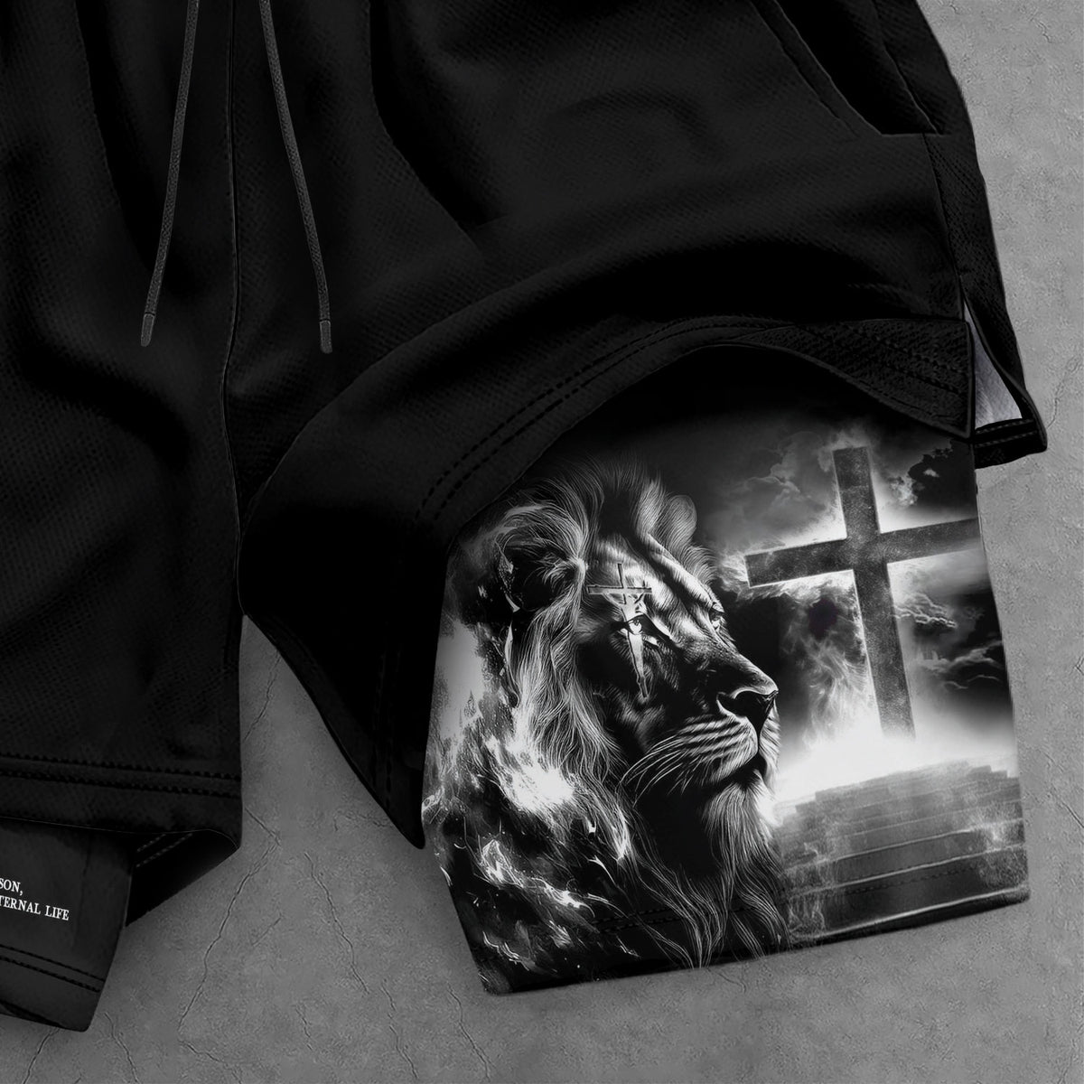John 3:16 Christian Gym Shorts for Men Lion Cross Jesus Design - Rust Field Wear