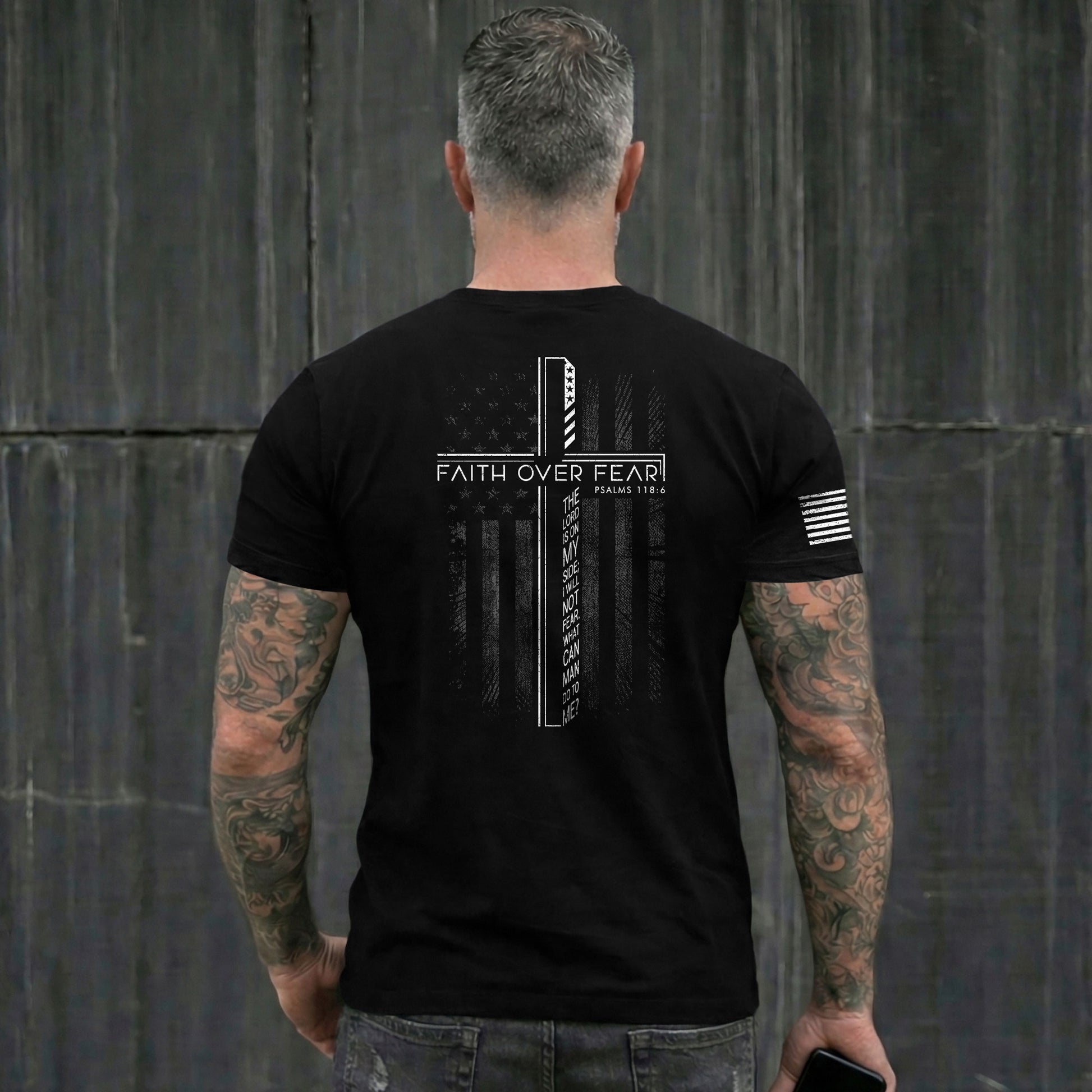 Faith Over Fear Cross American Flag Psalm 118:6 Christian - Christian Shirts for Men, Faith Based Christian Tee Shirts - Rust Field Wear