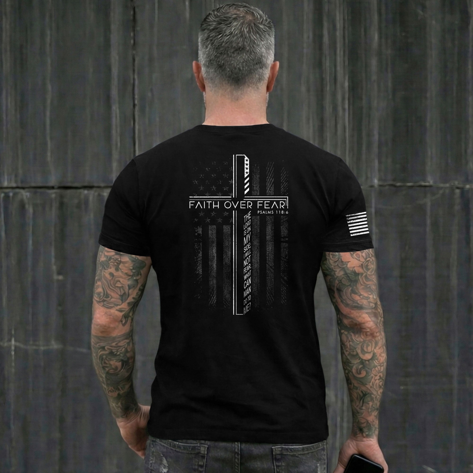 Faith Over Fear Cross American Flag Psalm 118:6 Christian - Christian Shirts for Men, Faith Based Christian Tee Shirts - Rust Field Wear