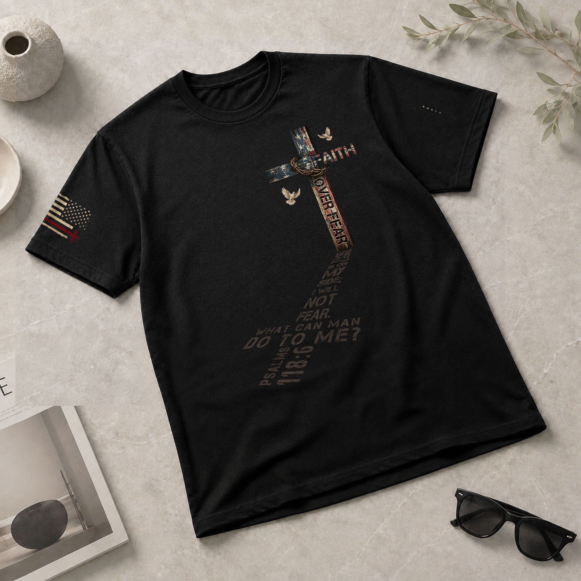Faith Over Fear Cross American Flag Christian Psalm 118:6 Design, Christian Shirts for Men - Christian Tee Shirts - Rust Field Wear