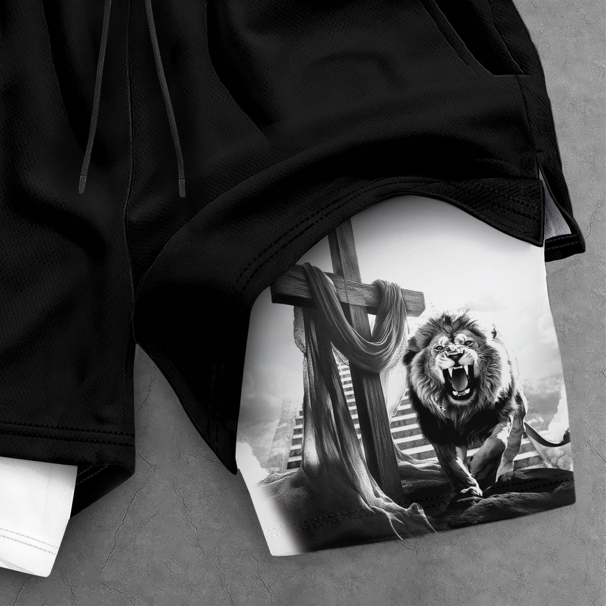 Christian Lion Cross Shorts for Men John 3:16 Bible Verse - Rust Field Wear