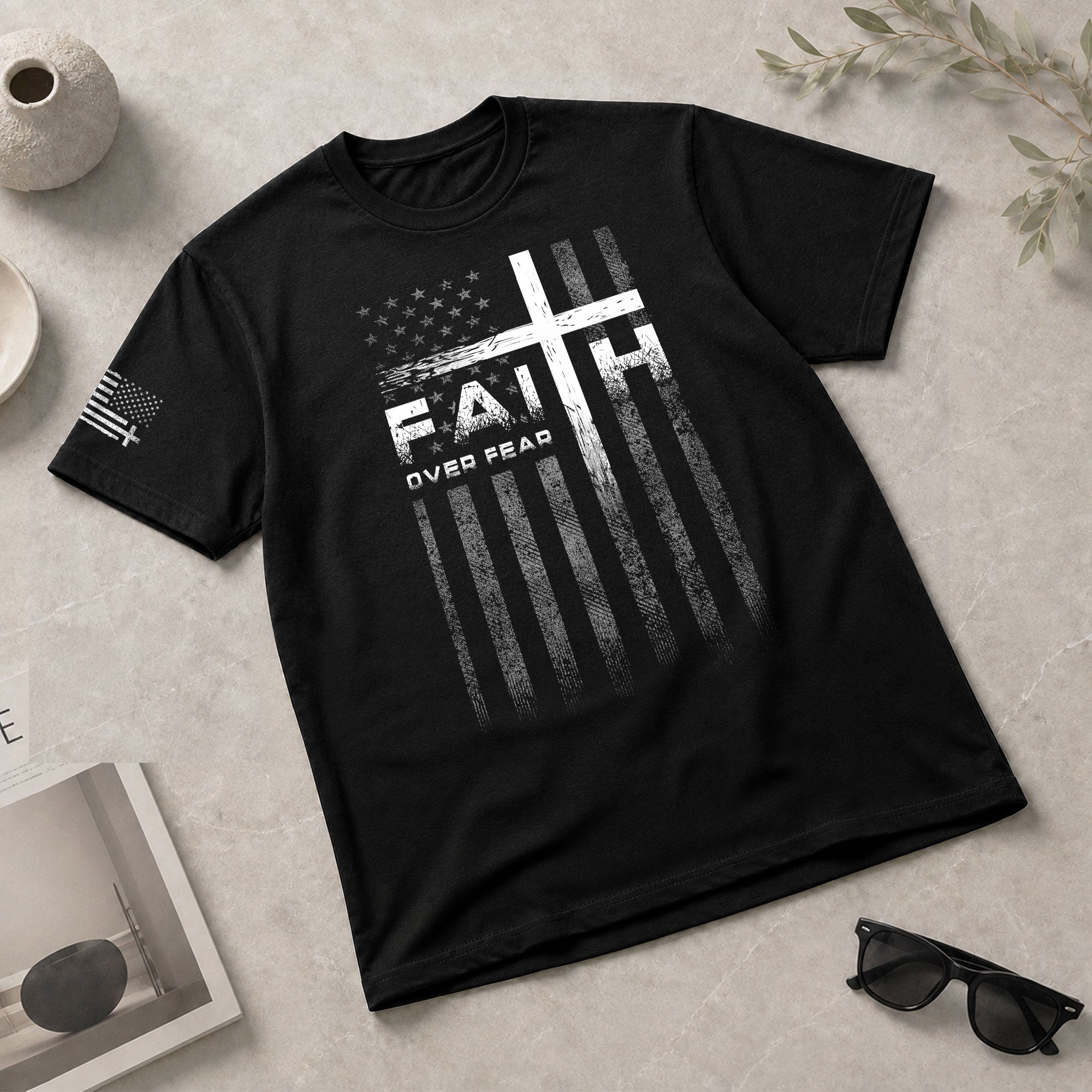 Christian Shirts for Men, Faith Over Fear Christian Cross American Flag Design - Christian Tee Shirts - Rust Field Wear