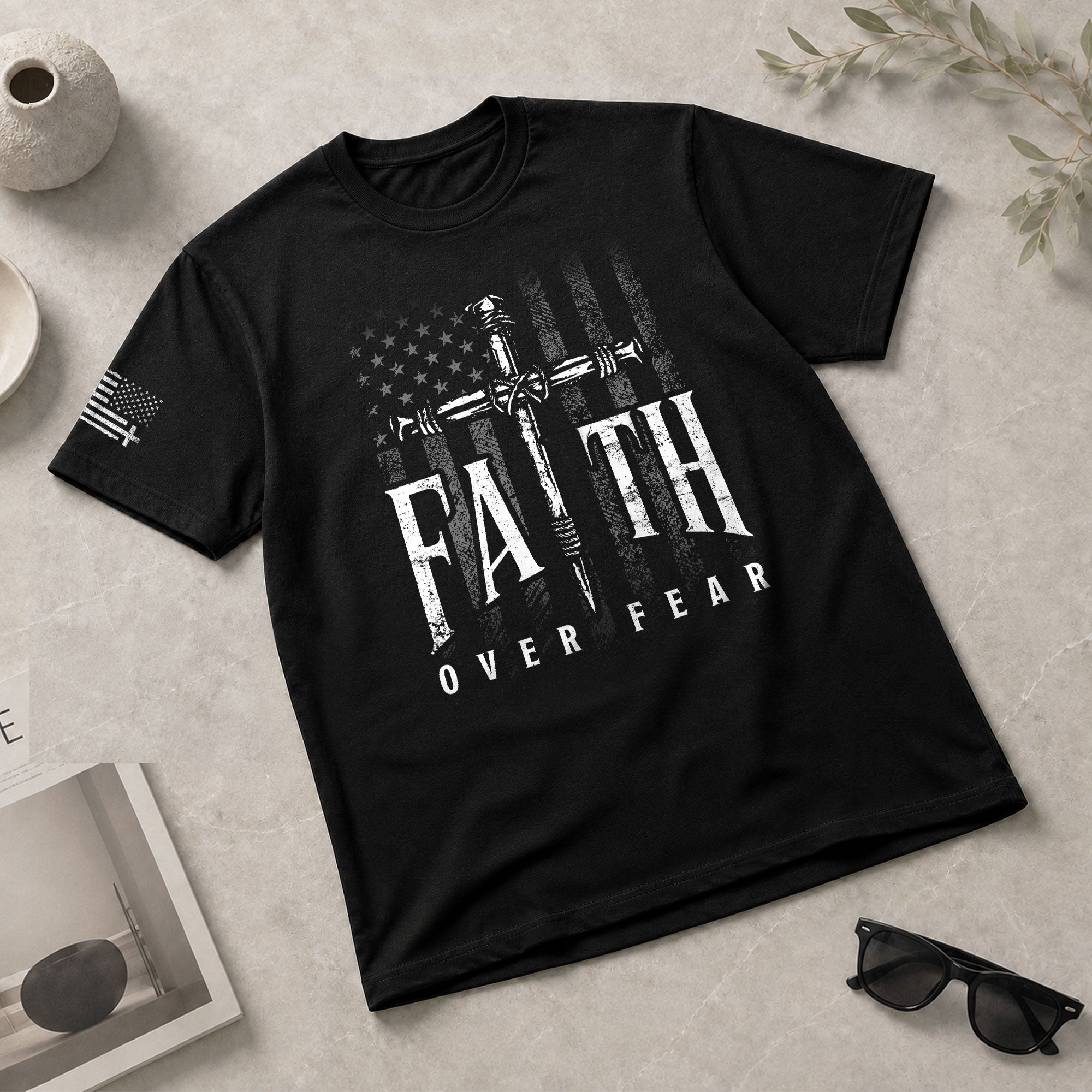Christian Shirts for Men - Faith Over Fear Christian American Flag Cross Sword Design, Christian Tee Shirts - Rust Field Wear
