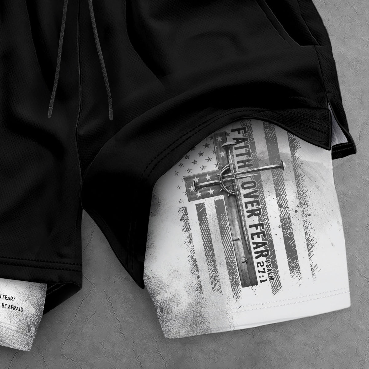 Faith Over Fear Christian Gym Shorts for Men Psalm 27:1 White Flag Cross - Rust Field Wear