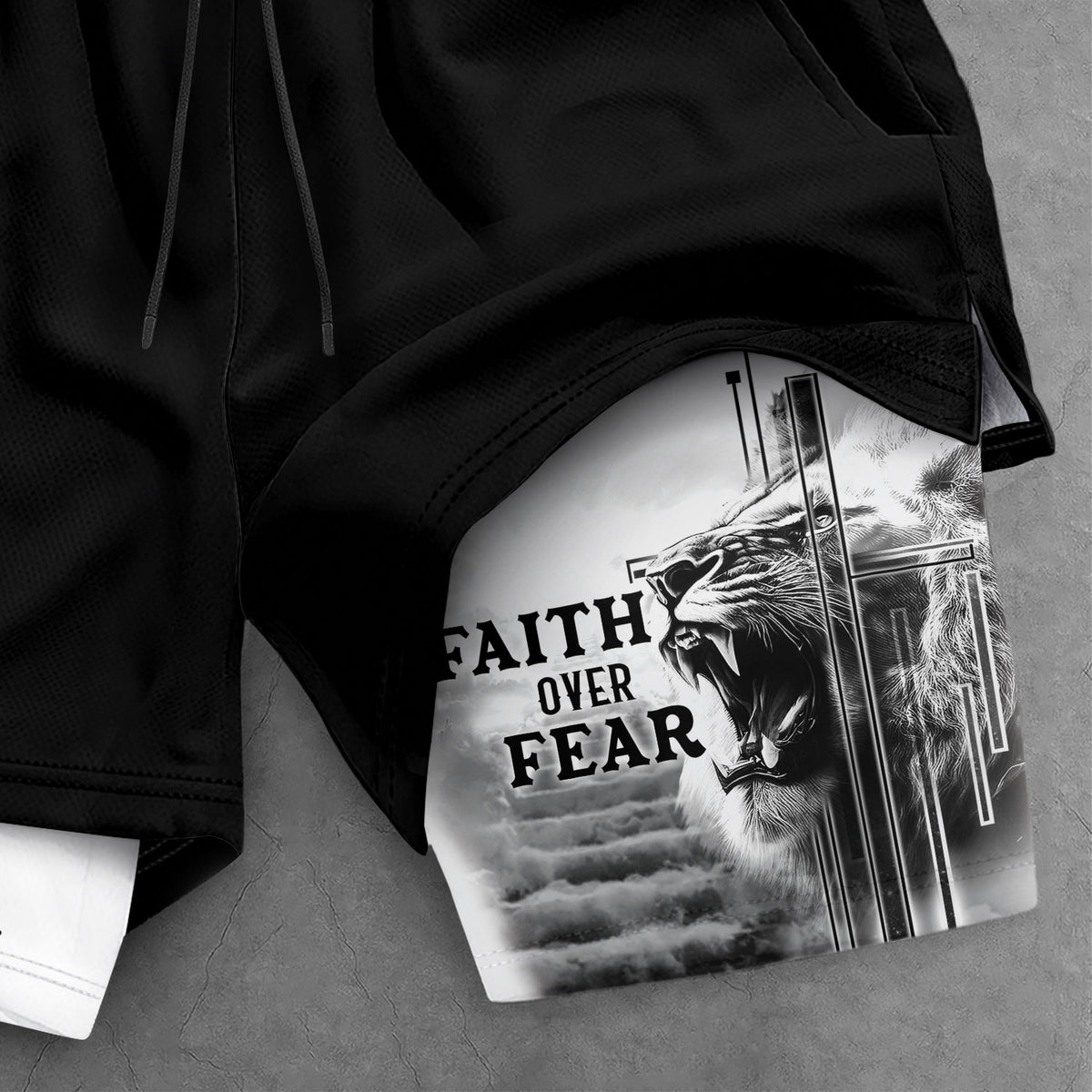 Faith Over Fear Christian Gym Shorts Psalm 27:1 Lion Cross - Rust Field Wear