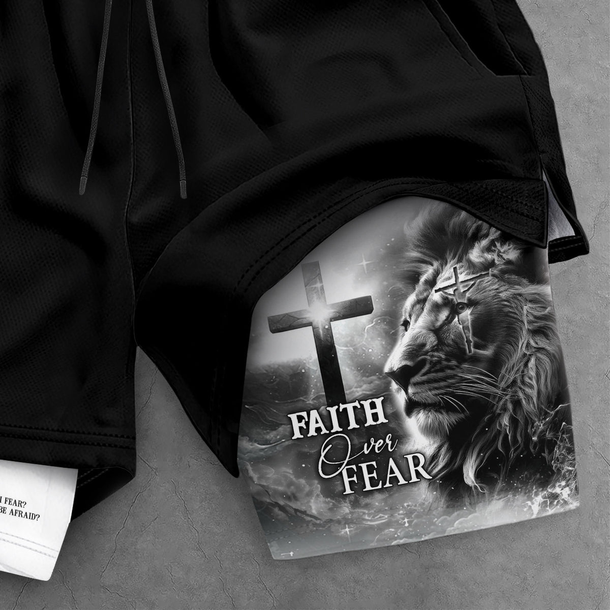 Faith Over Fear Psalm 27:1 Lion Cross Christian Gym Shorts - Rust Field Wear