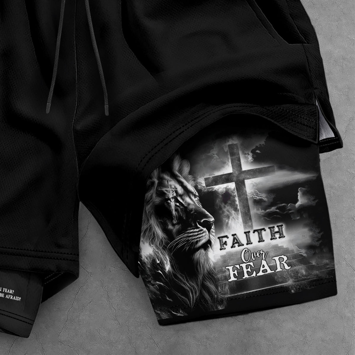 Faith Over Fear Psalm 27:1 Jesus Cross Lion Christian Gym Shorts - Rust Field Wear