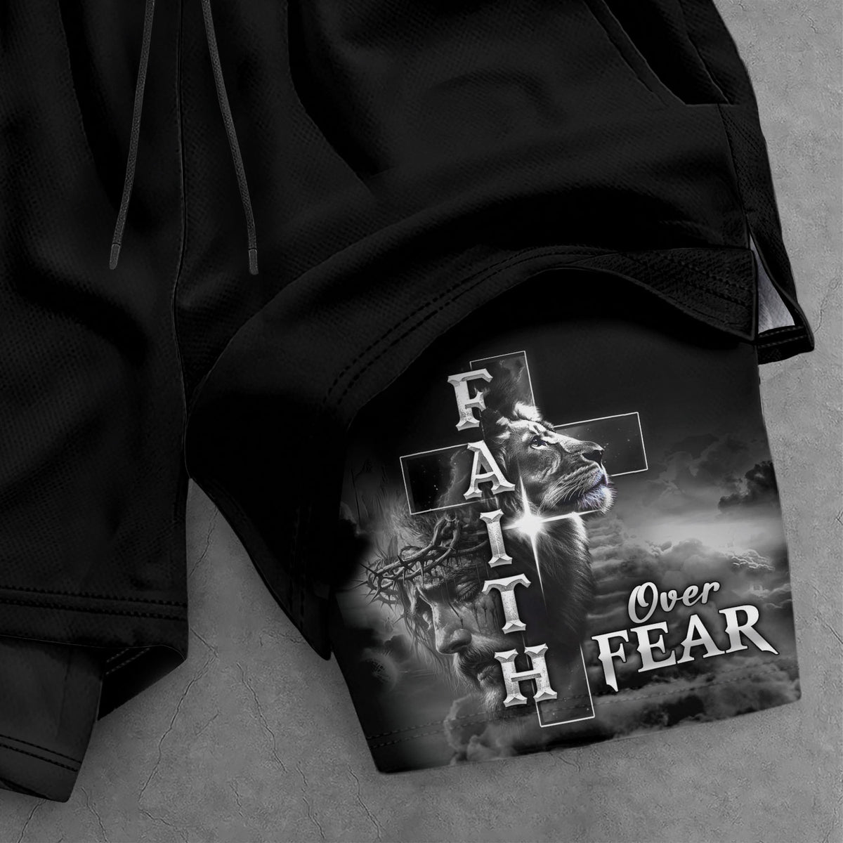 Faith Over Fear Psalm 27:1 Lion Cross Christian Gym Shorts for Men - Rust Field Wear