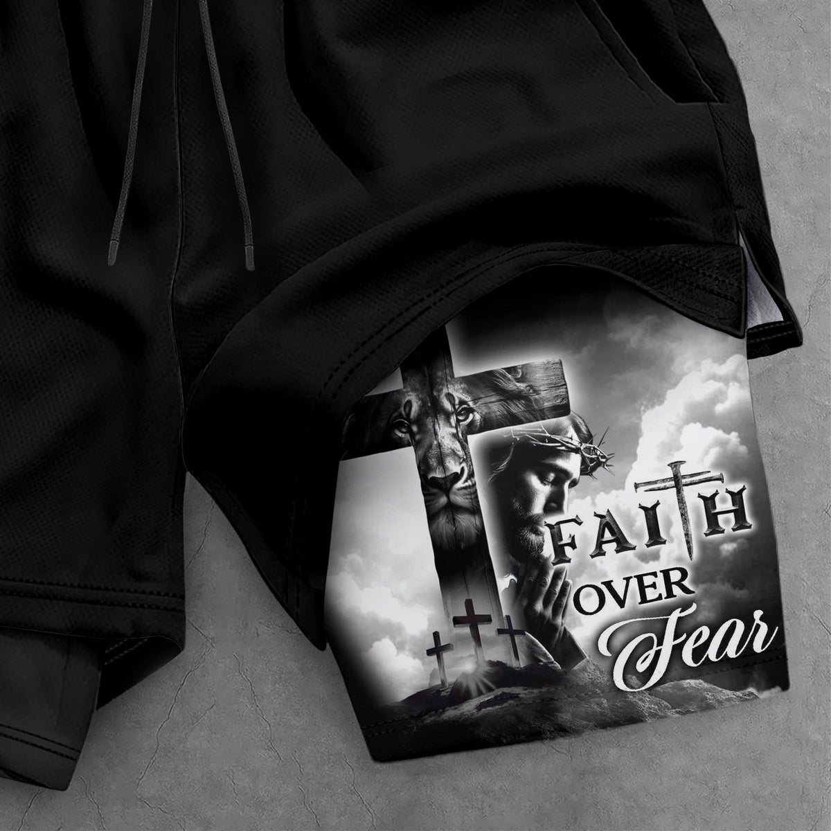 Faith Over Fear Christian Gym Shorts for Men Psalm 27:1 Cross of Jesus - Rust Field Wear