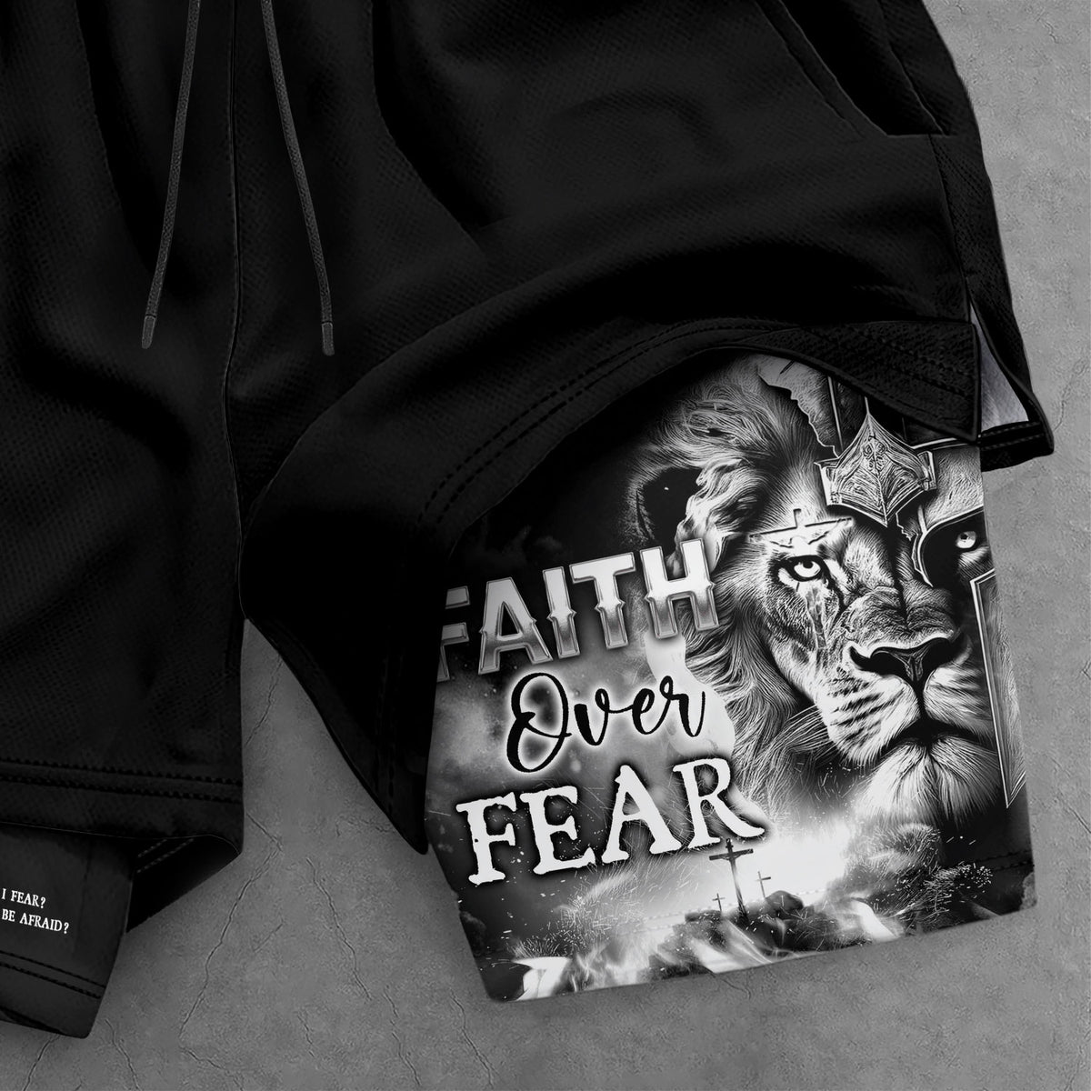 Psalm 27:1 Faith Over Fear Christian Gym Shorts for Men Warrior Cross Design - Rust Field Wear