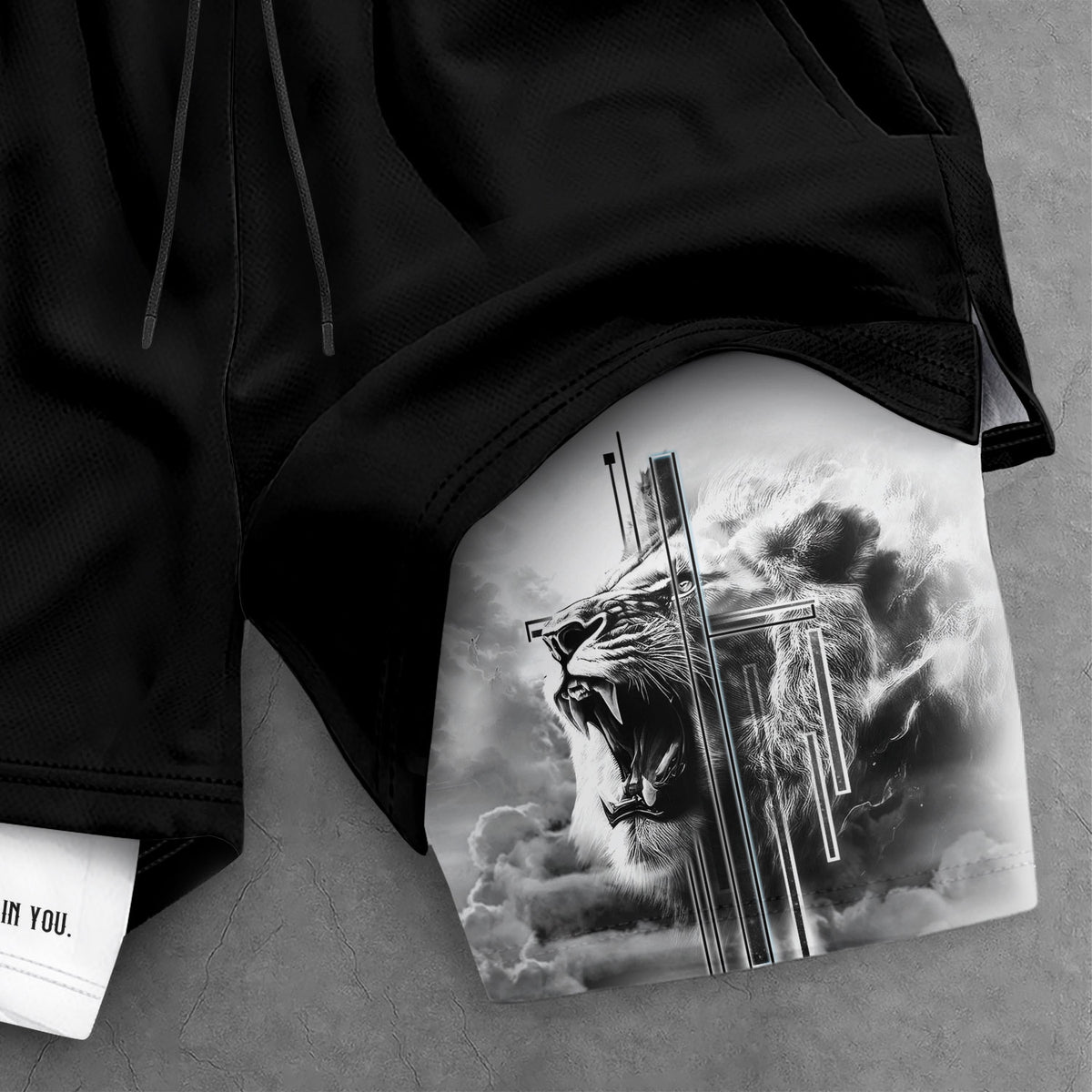 Psalm 56:3 Christian Gym Shorts for Men Fearless Lion Cross Design - Rust Field Wear