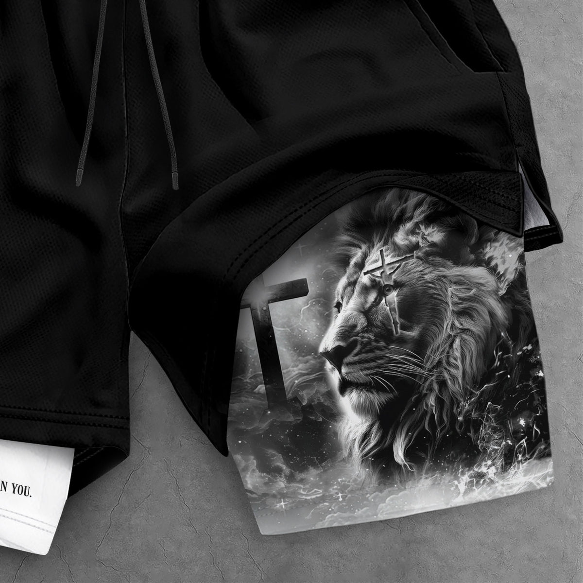 Psalm 56:3 Christian Gym Shorts for Men Lion of Judah Cross Design - Rust Field Wear
