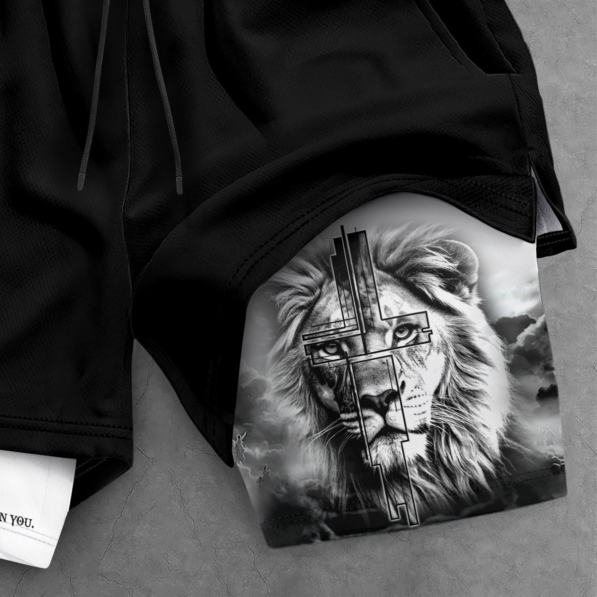 Psalm 56:3 Christian Gym Shorts for Men Trust in God Lion Cross Design - Rust Field Wear