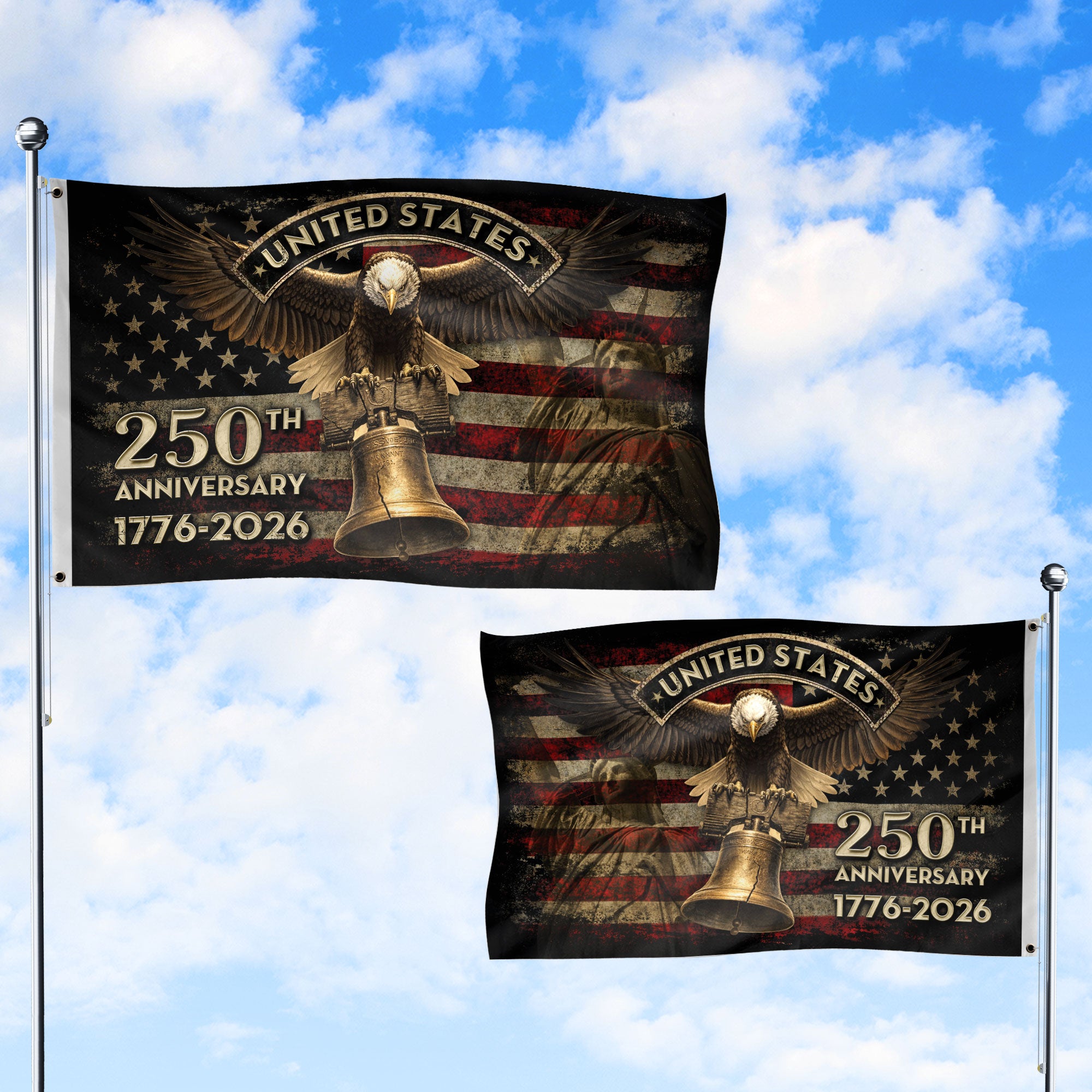 United States 250th Anniversary Flag 1776–2026 – Eagle & Liberty Bell Patriotic Décor
