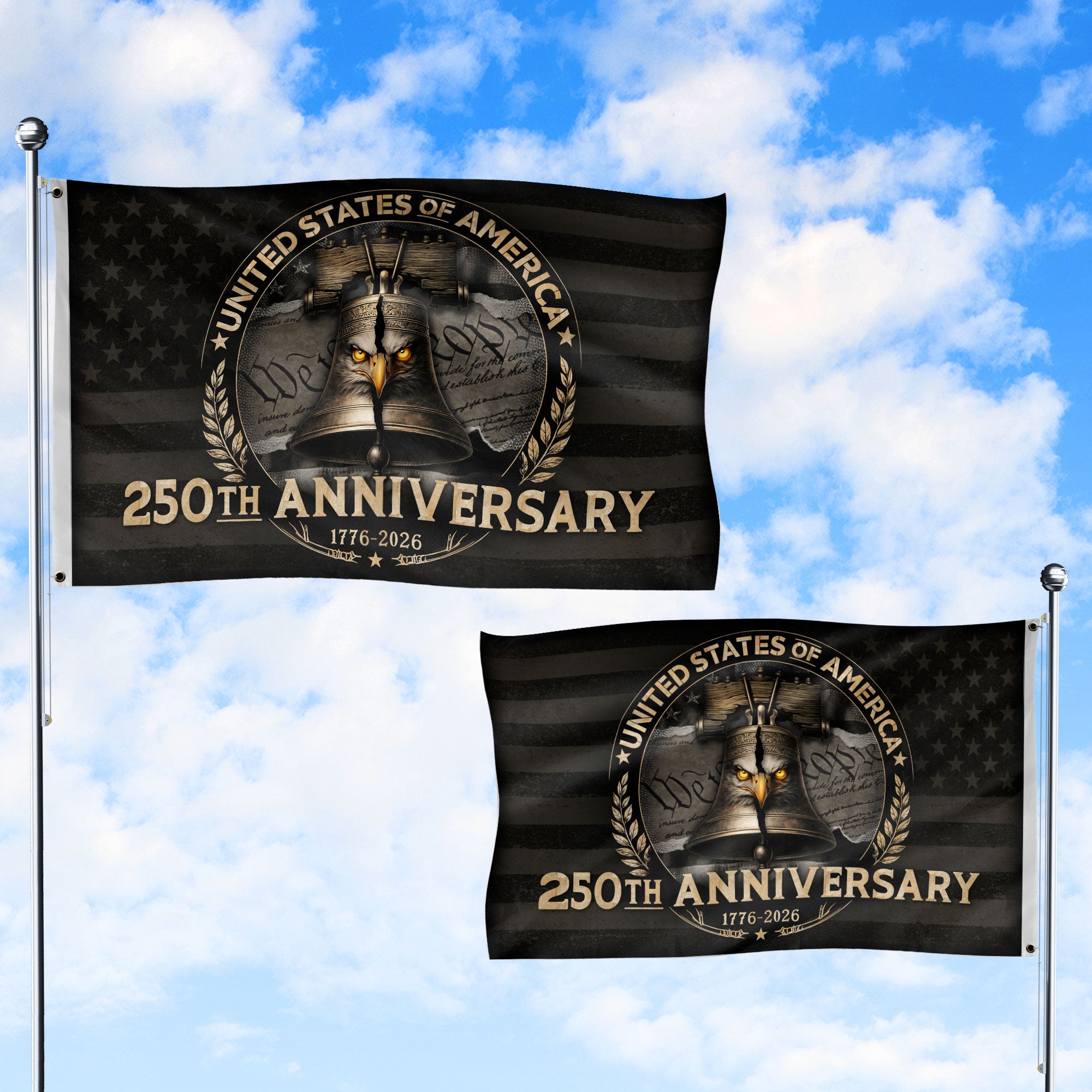 USA 250th Anniversary Flag 1776–2026 – American Flag with Liberty Bell & Eagle Design - Rust Field Wear