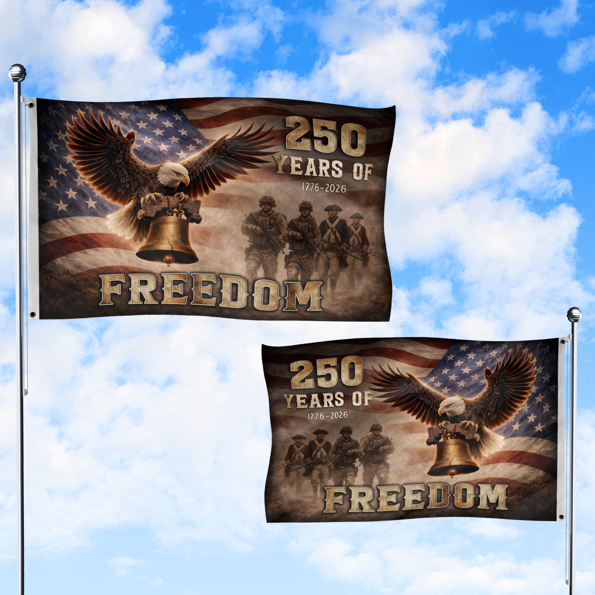 250 Years of Freedom USA Flag 1776–2026 – American Flag with Eagle & Liberty Bell Design - Rust Field Wear