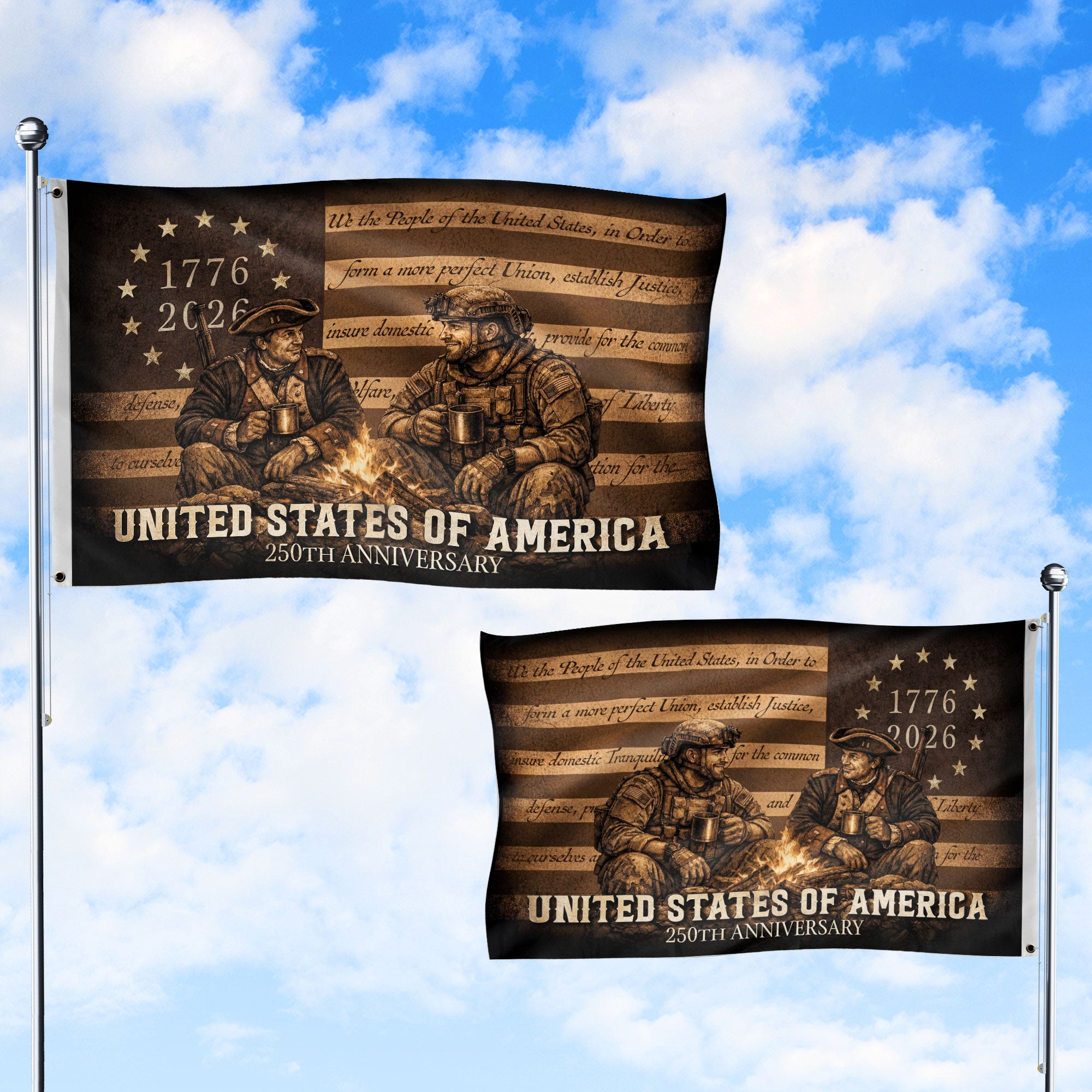 United States of 250 Years America Anniversary Flag 1776-2026 Patriotic Past Present Then and Now Soldiers Design