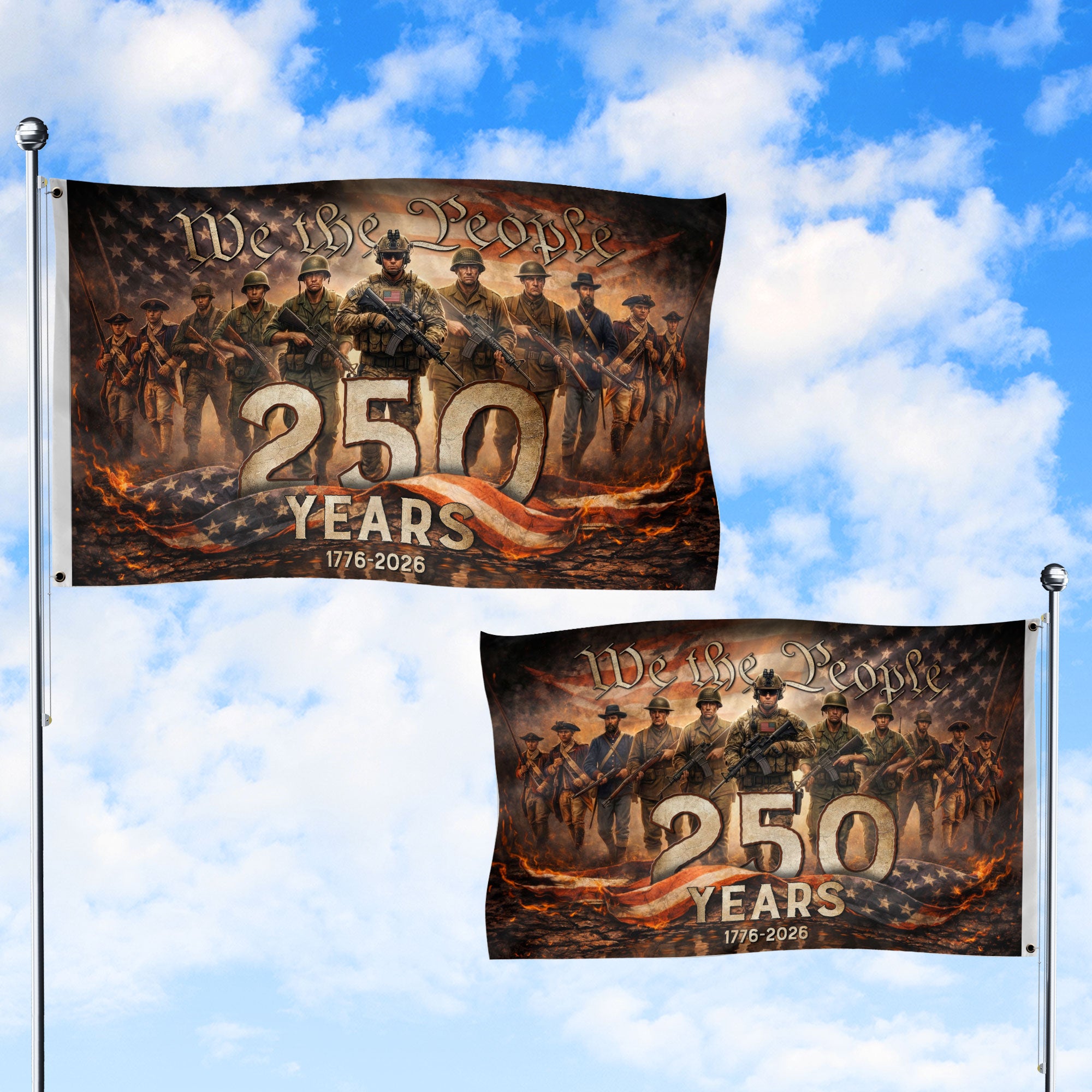 American 250th Anniversary Flag 250 Years 1776-2026 We The People Patriotic Past Present Soldiers