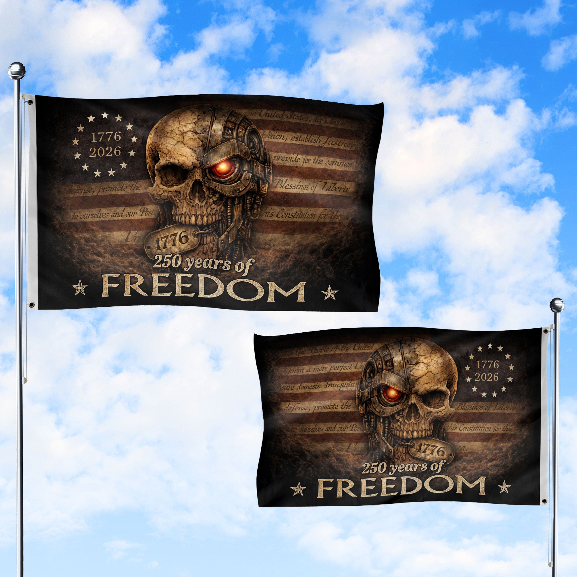 United States of 250 Years America Anniversary Flag 1776-2026 Mechanical Metal Cyber Skull Patriotic Flag