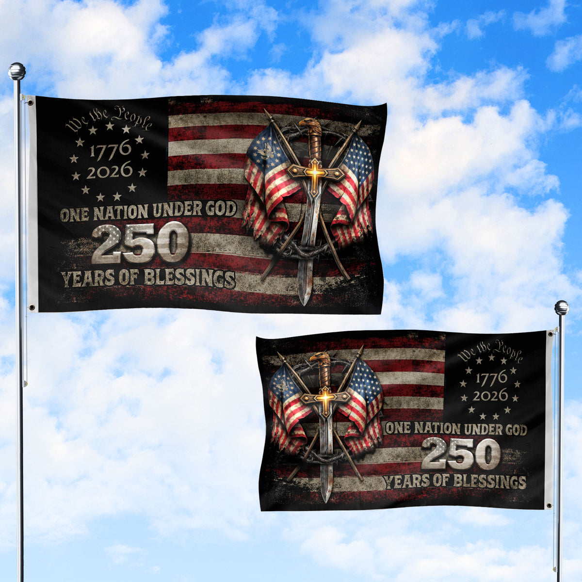 250 Years America Anniversary Flag 1776–2026 Christian Patriotic Decor - Rust Field Wear