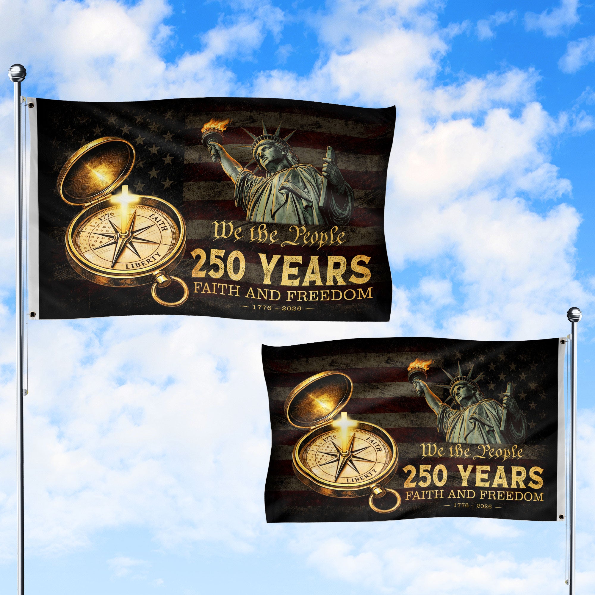 We The People 250 Years Cross Flag 1776–2026 – Faith and Freedom Christian Patriotic Outdoor Flag - Rust Field Wear