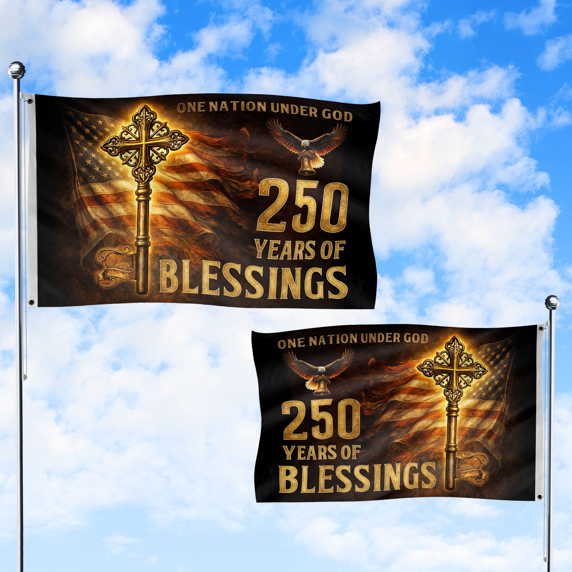 USA 250 Years of Faith Cross Flag – One Nation Under God Christian Outdoor Celebration Flag 1776–2026 - Rust Field Wear