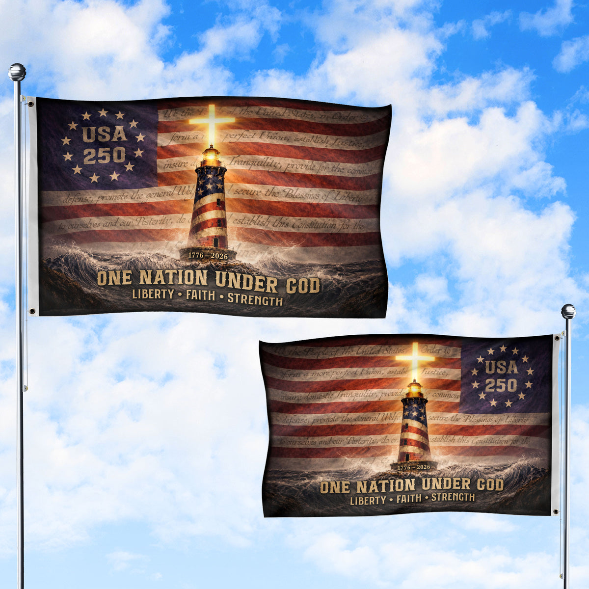 USA 250 Lighthouse Cross Flag – One Nation Under God Christian Patriotic Outdoor Flag 1776–2026 - Rust Field Wear