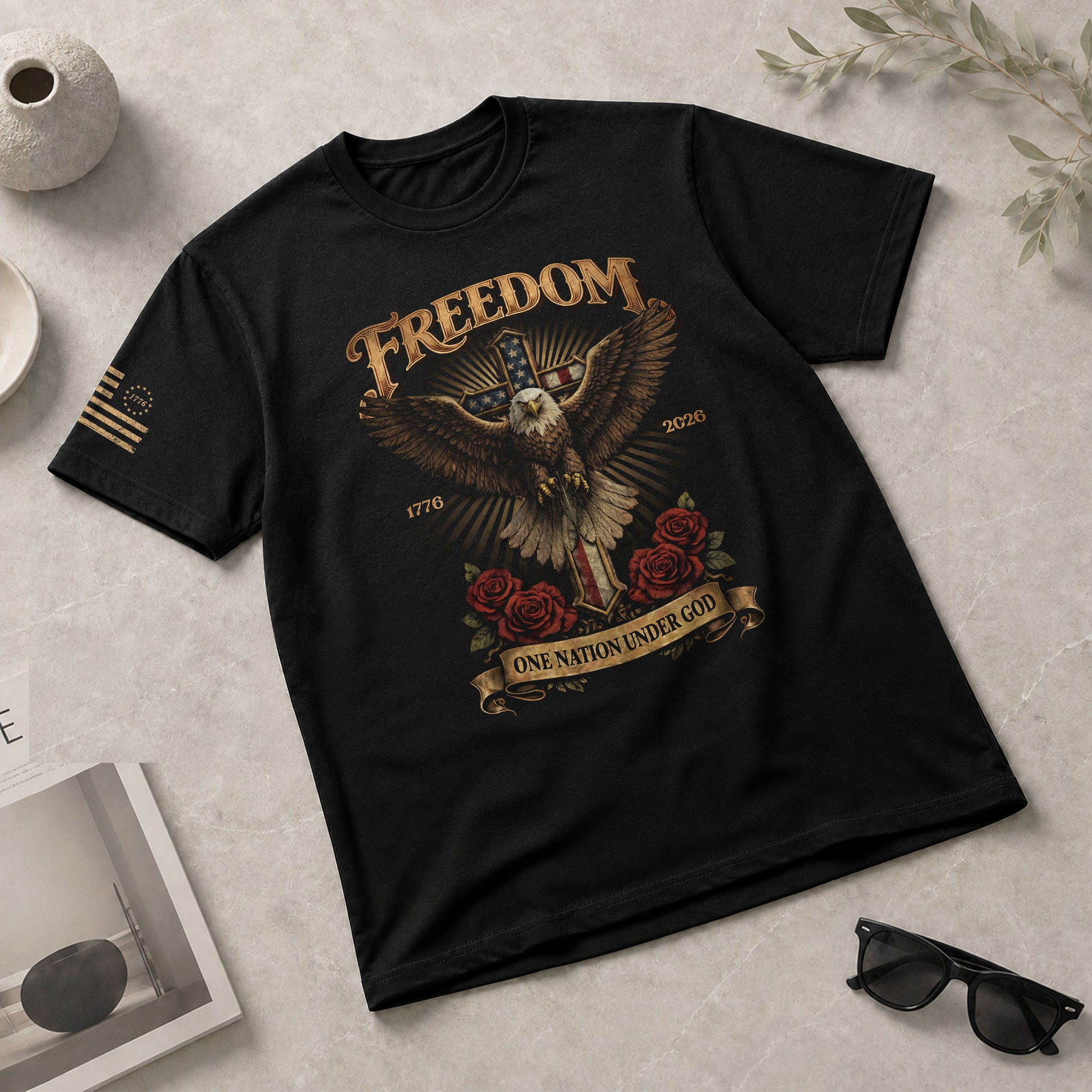 250 Years America Freedom Eagle and Christian Cross T Shirt - One Nation Under God Tee - Rust Field Wear