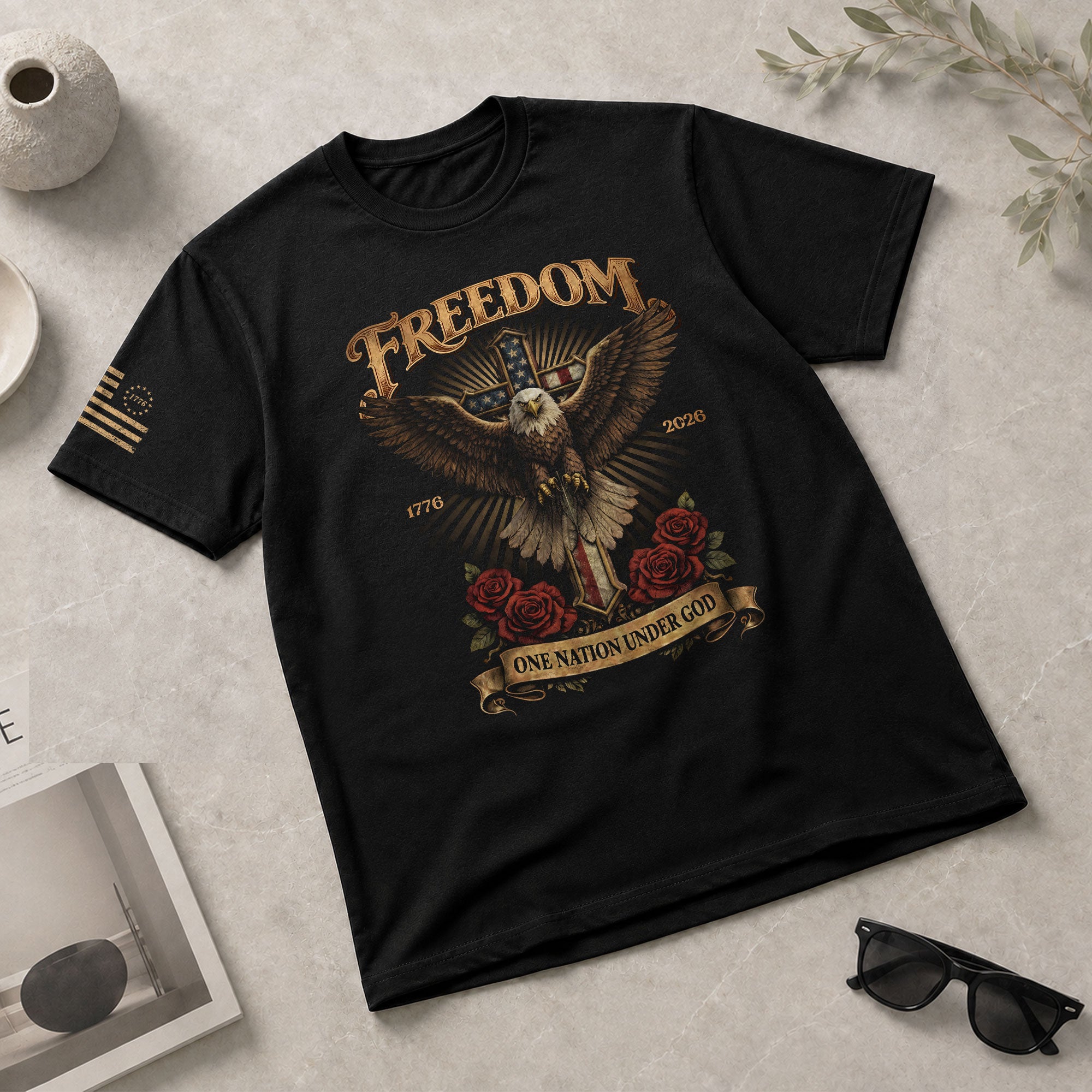 250 Years America Freedom Eagle and Christian Cross T Shirt - One Nation Under God Tee - Rust Field Wear