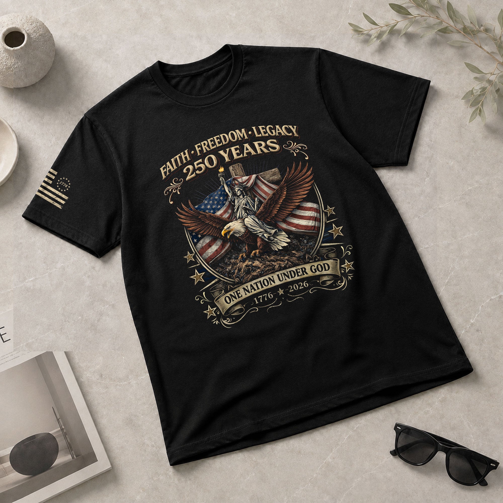 250 Years America Anniversary Shirt - One Nation Under God Eagle Cross Faith and Freedom Semiquincentennial Christian T-Shirt - Rust Field Wear
