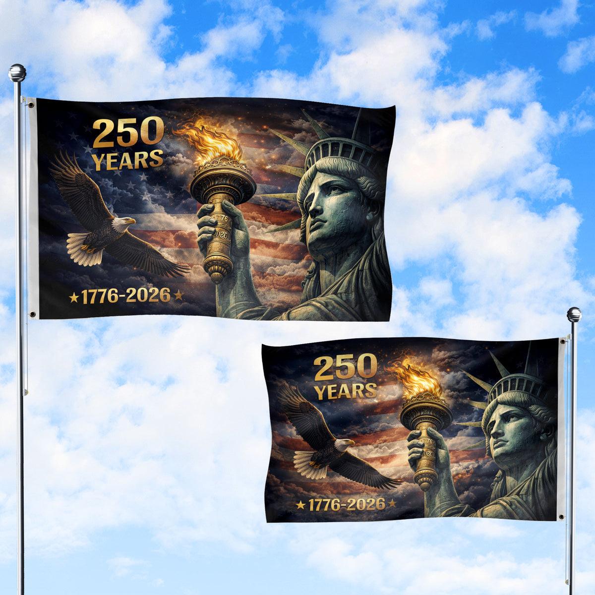 USA 250 Years Flag 1776–2026 – Statue of Liberty Torch & Eagle Patriotic Anniversary Flag upsale - Rust Field Wear