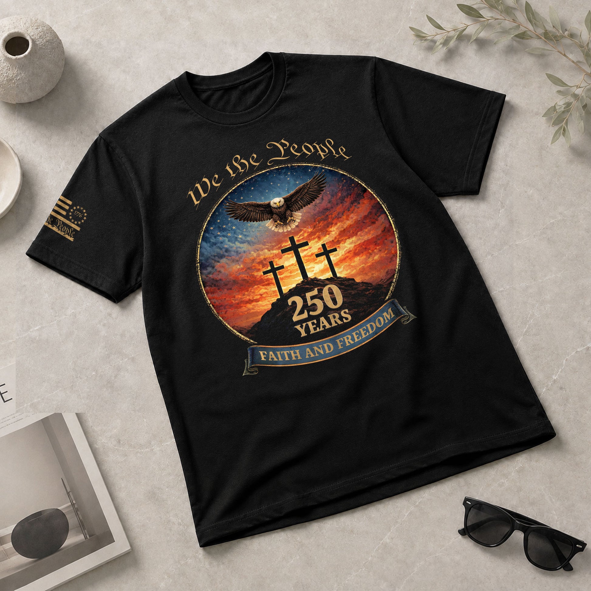 We the People 250th Anniversary T-Shirt - Christian American Patriot Eagle Soaring Over Three Crosses Design - Rust Field Wear