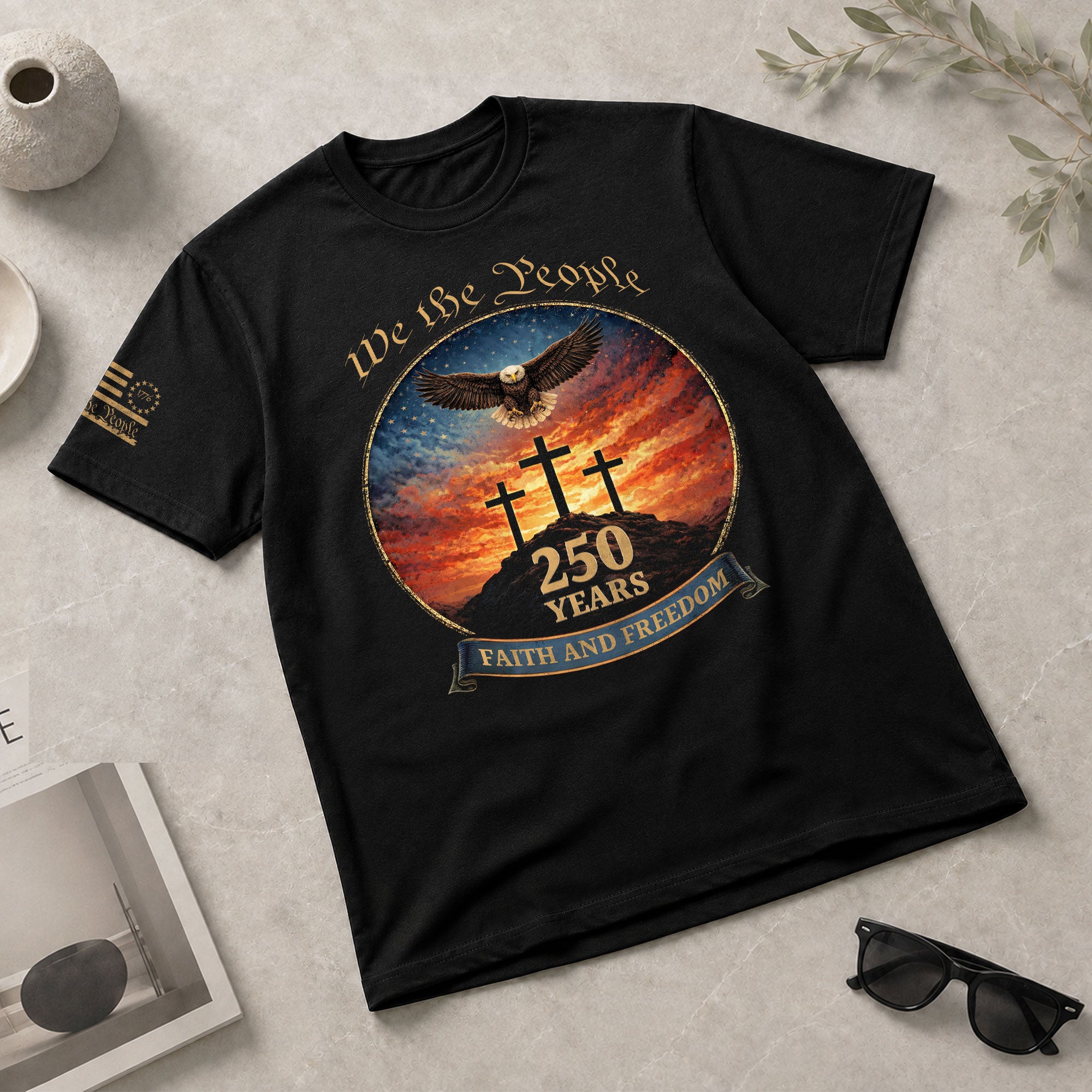We the People 250th Anniversary T-Shirt - Christian American Patriot Eagle Soaring Over Three Crosses Design - Rust Field Wear