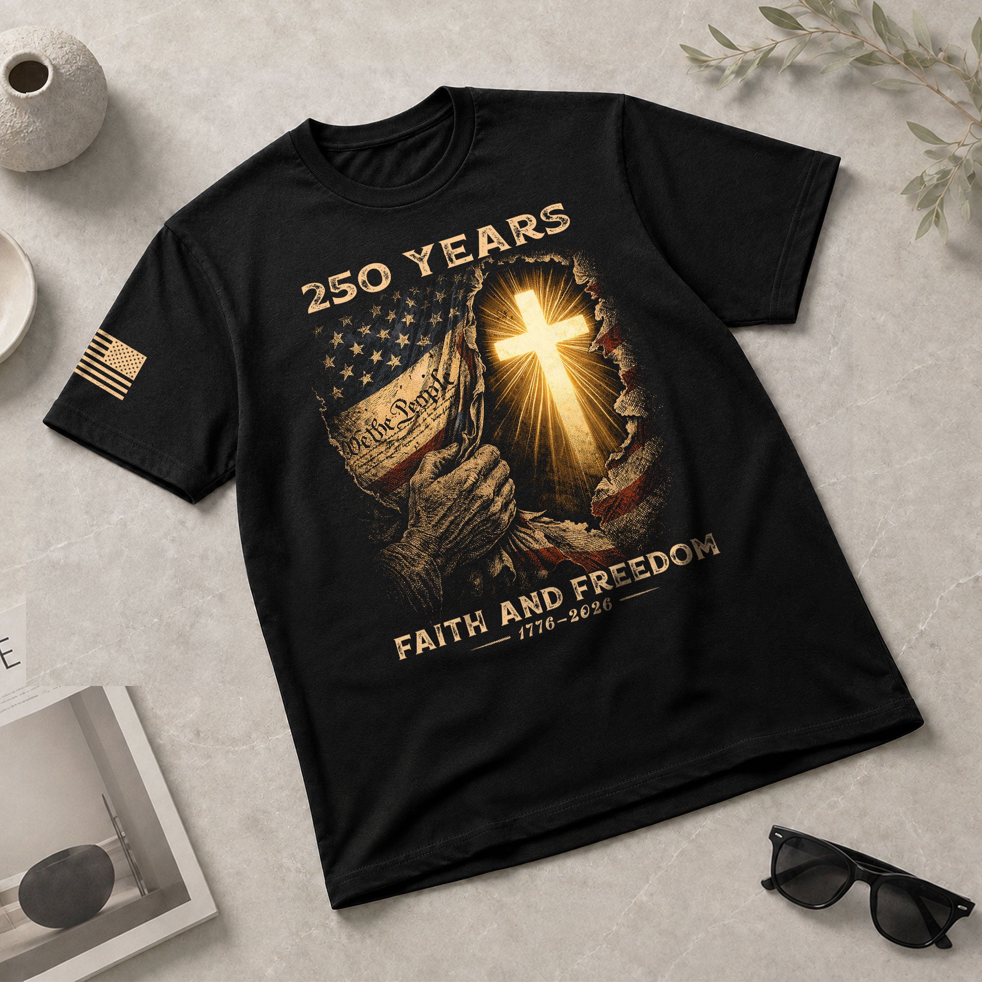 250th Anniversary Patriotic Shirt - Faith and Freedom Glowing Cross Christian Design - Rust Field Wear
