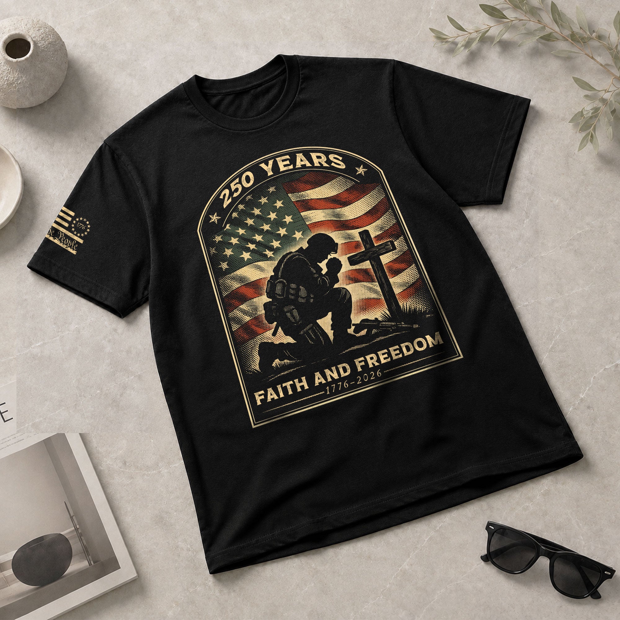 Faith and Freedom 250 Years 250th Anniversary Patriotic T-Shirt - Kneeling Soldier Prayer & American Flag Graphic Tee - Rust Field Wear