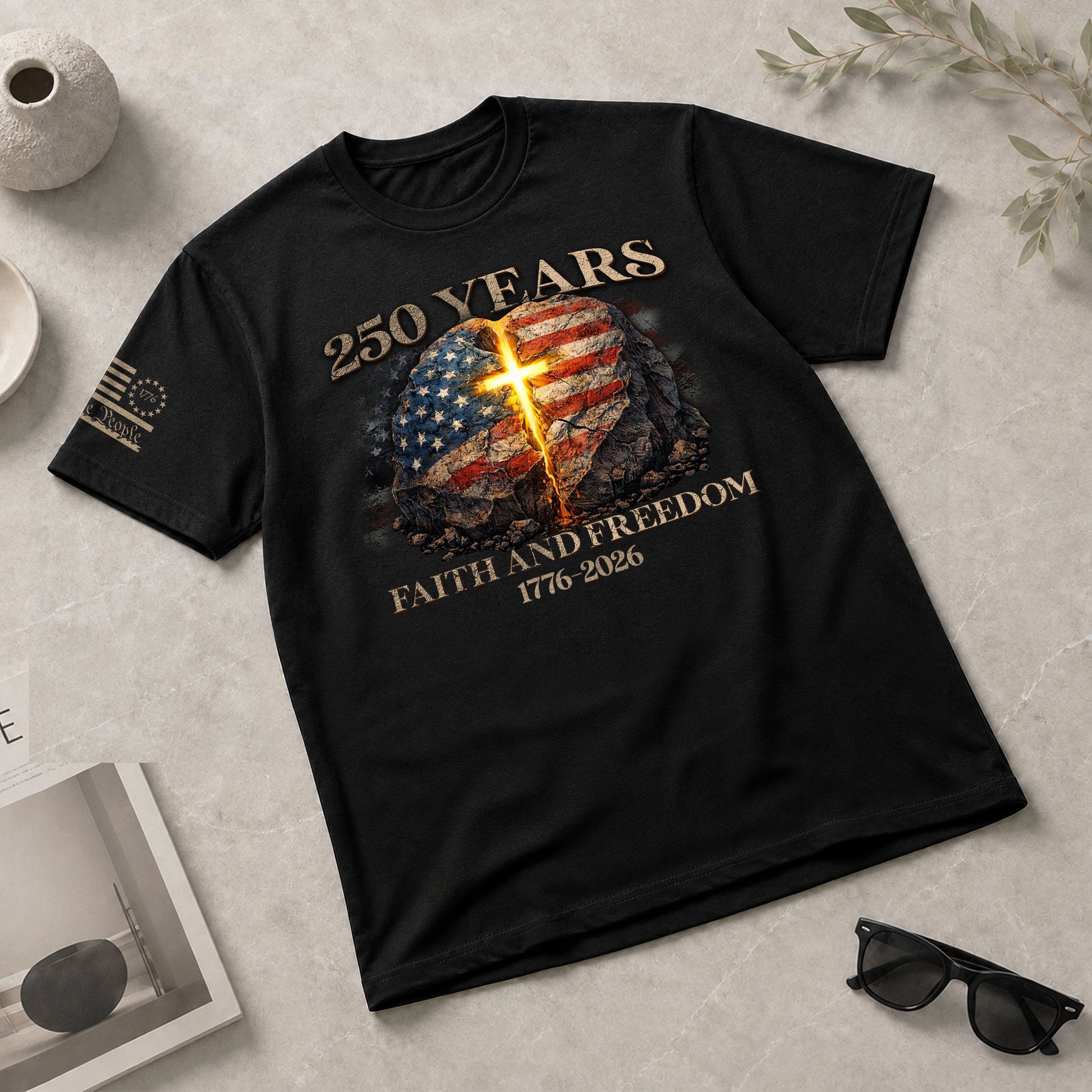 Faith and Freedom 250 Years T-Shirt - Glowing Cross & American Flag Rock Graphic Tee - Rust Field Wear