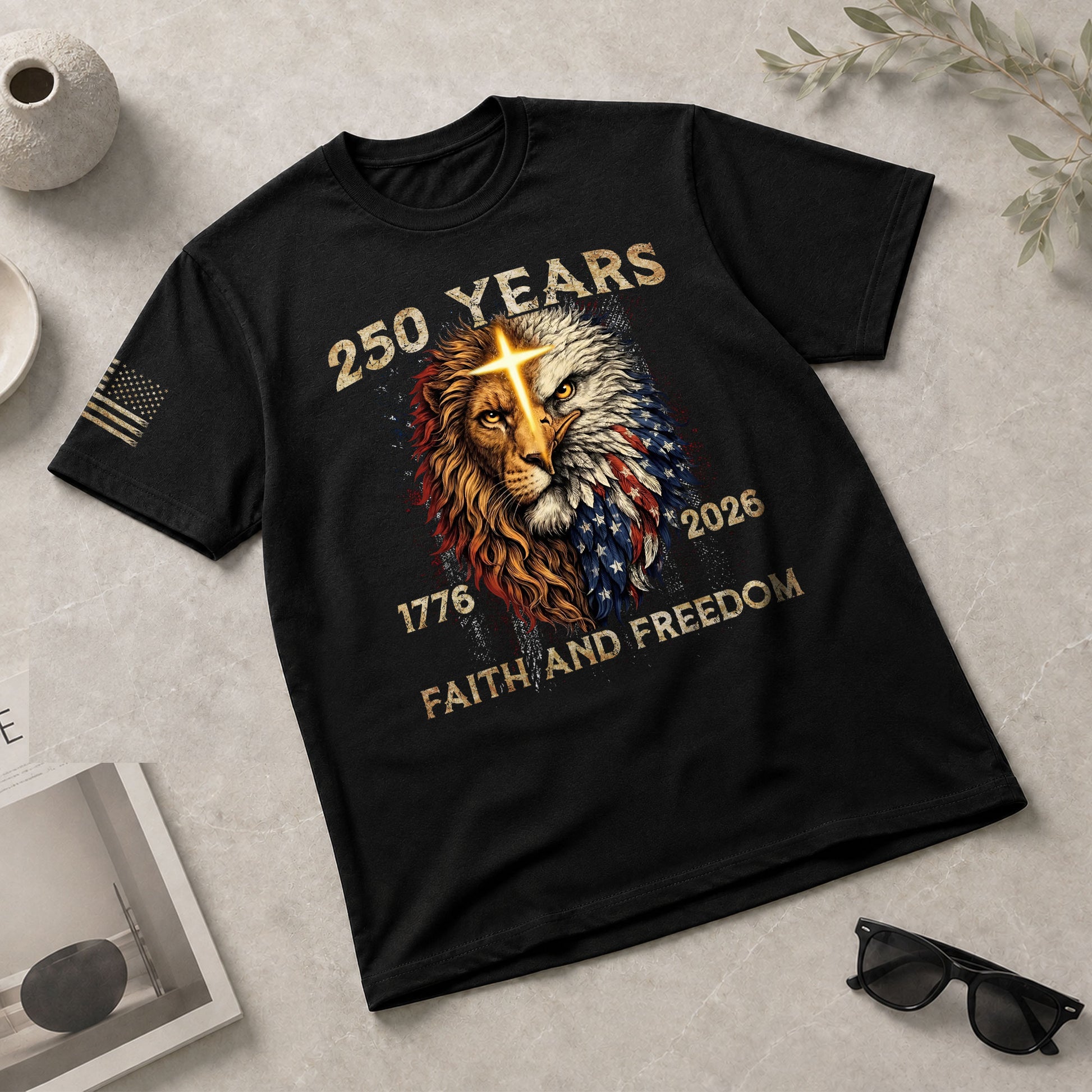 250 Years of Faith and Freedom Shirt - Lion and Eagle Cross Patriotic Strength Statement Graphic Tee - Rust Field Wear