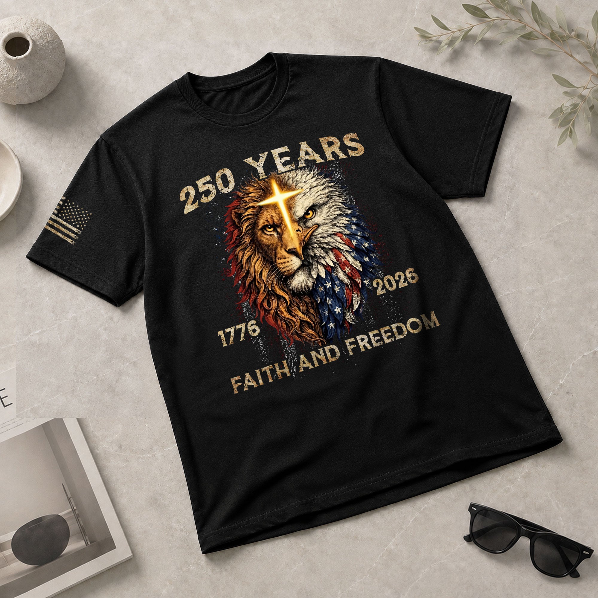 250 Years of Faith and Freedom Shirt - Lion and Eagle Cross Patriotic Strength Statement Graphic Tee - Rust Field Wear