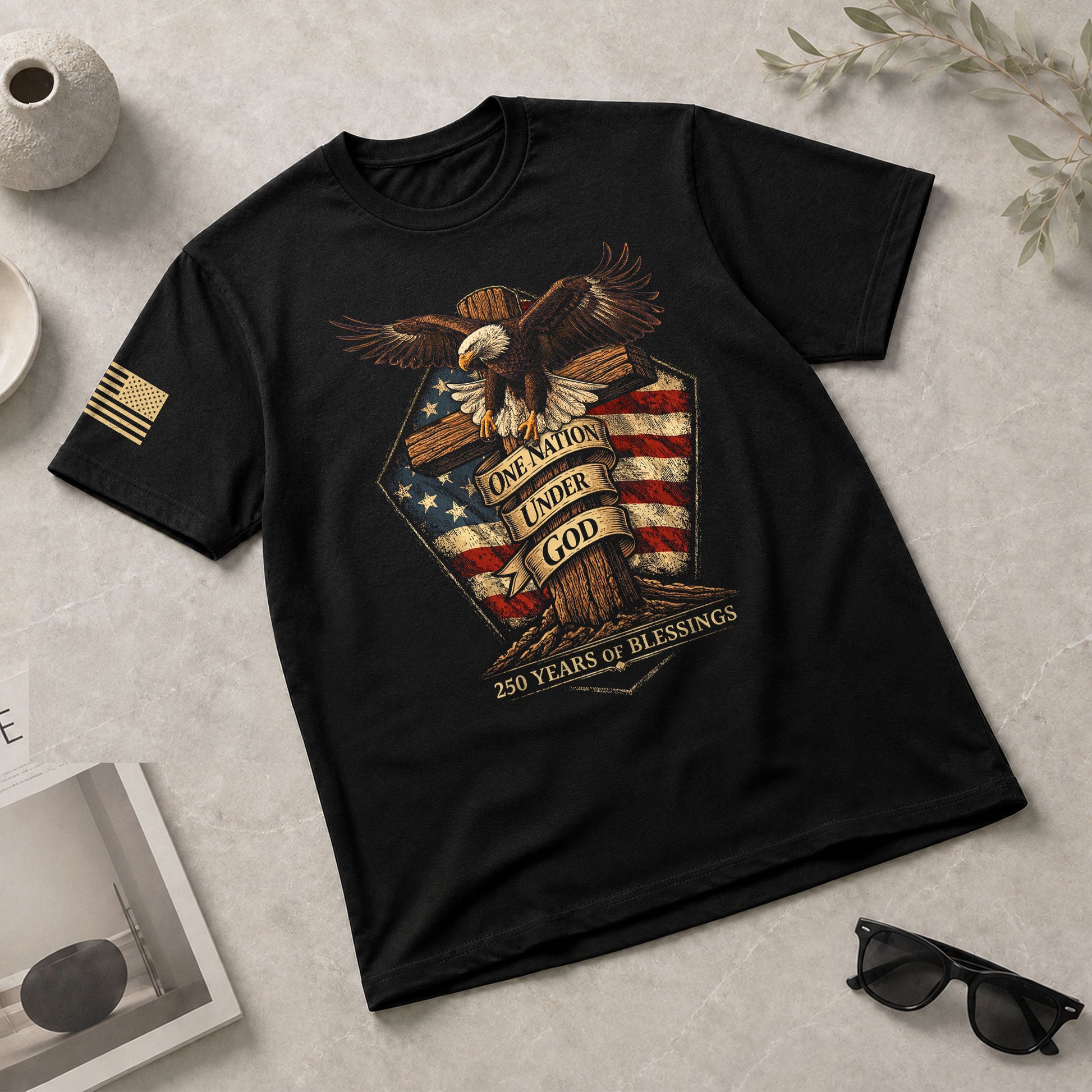 American Faith 250 Years of Blessings T-Shirt - One Nation Under God Eagle & Cross Design - Rust Field Wear