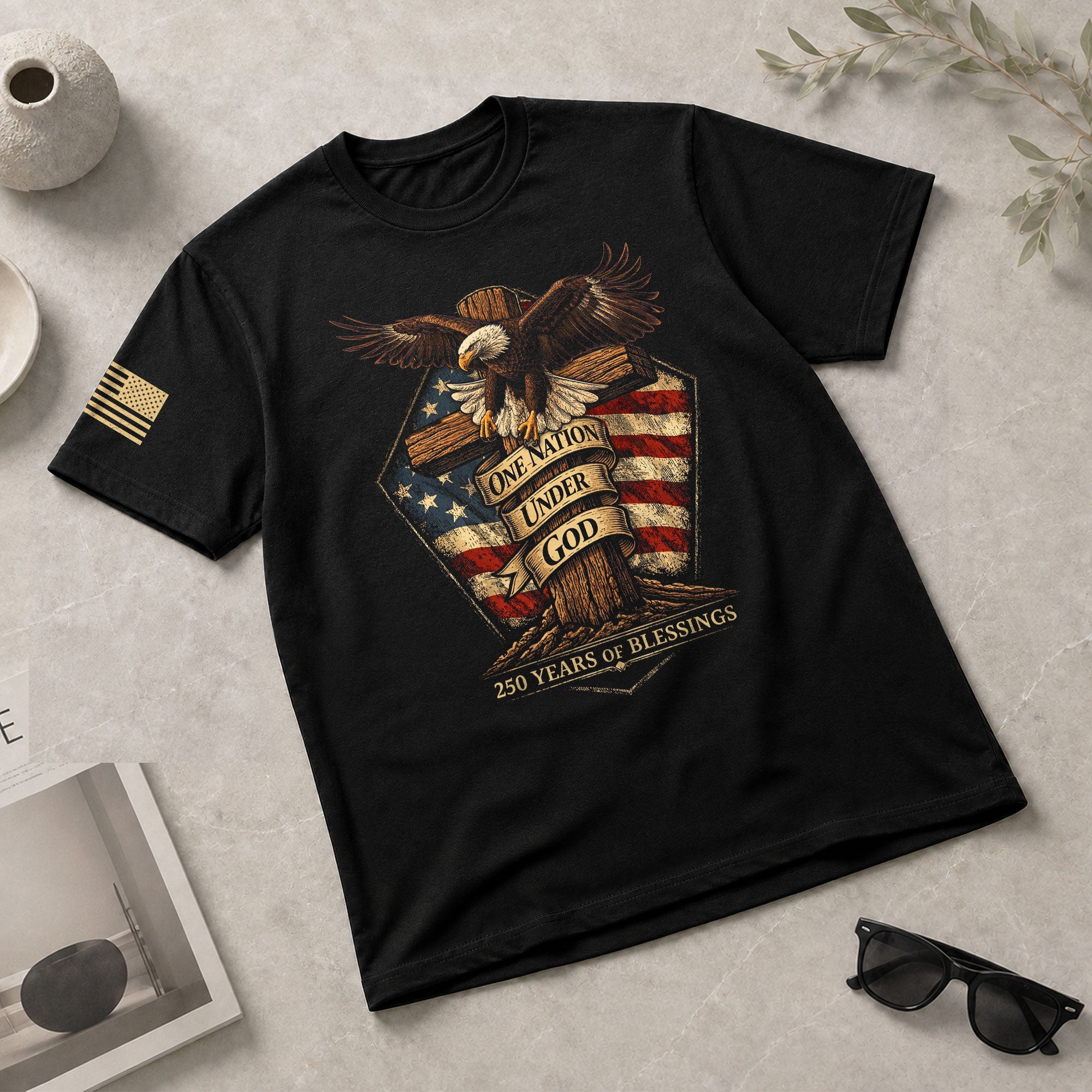 American Faith 250 Years of Blessings T-Shirt - One Nation Under God Eagle & Cross Design - Rust Field Wear