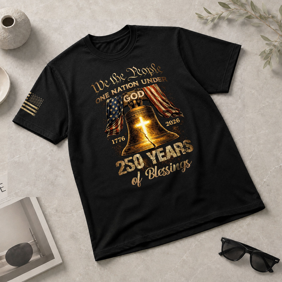 One Nation Under God 250 Years of Blessings Shirt - Patriotic Cross & Liberty Bell Graphic Tee - Rust Field Wear