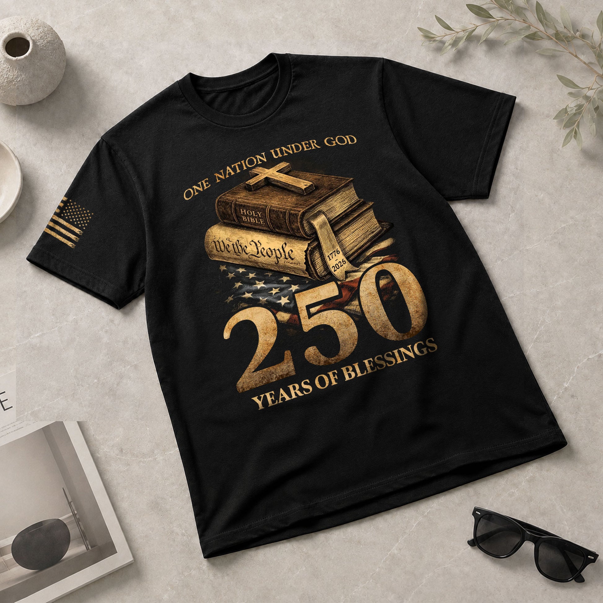 250 Years of Blessings T-Shirt - Religious Patriotic One Nation Under God Liberty Bell & US Flag Tee - Rust Field Wear