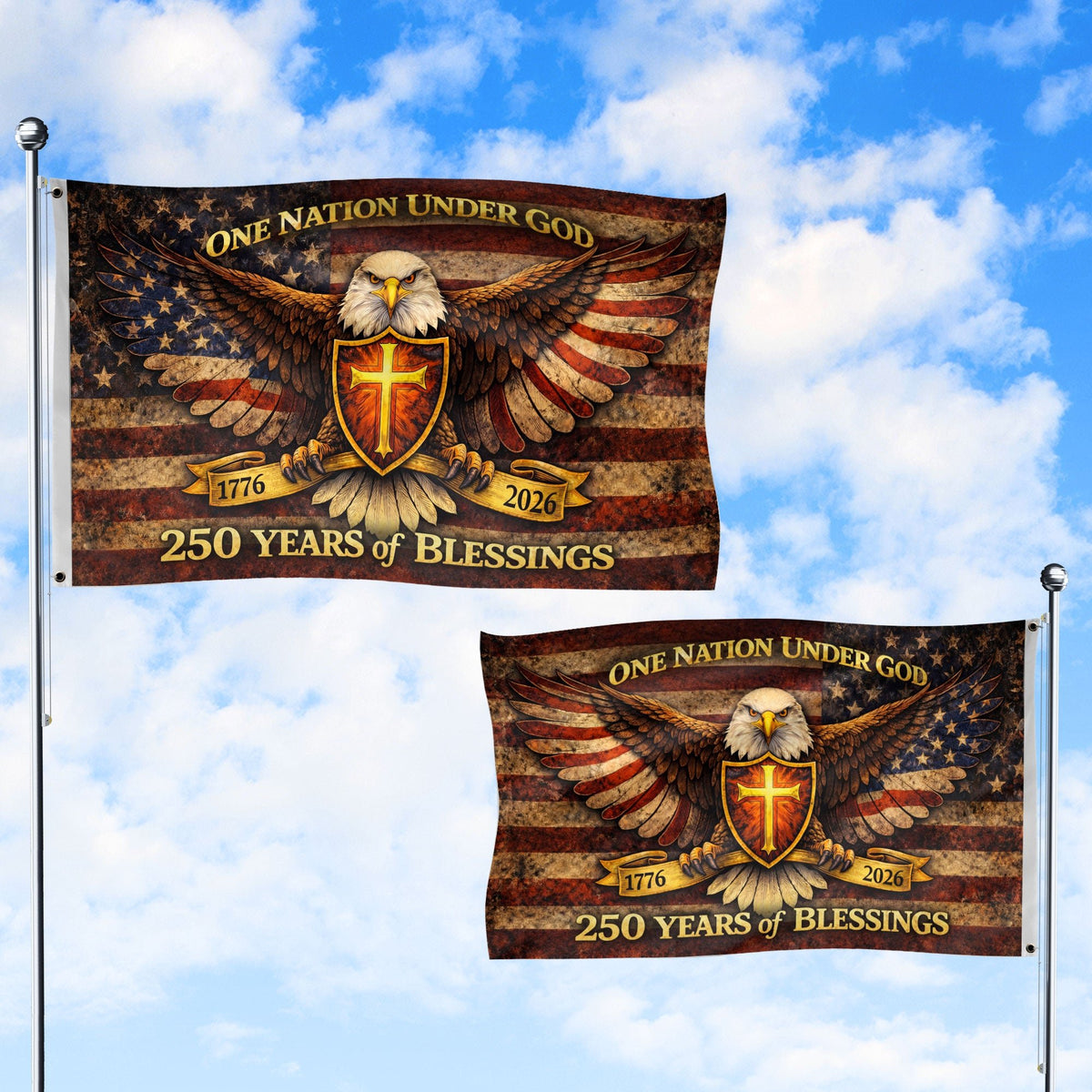 250 Years America Anniversary Eagle Flag - One Nation Under God 250 Years Banner, Double Sided 1776-2026 Flag - Rust Field Wear