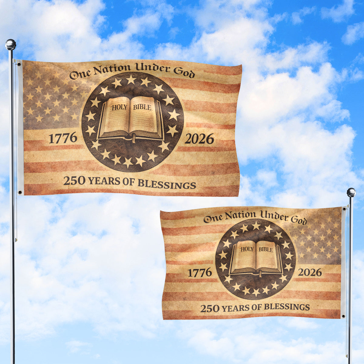 One Nation Under God America Christian Patriotic 250th Anniversary Flag - 250 Years of Blessings Holy Bible & Cross Banner, 1776-2026 Patriotic Double Sided Flag - Rust Field Wear