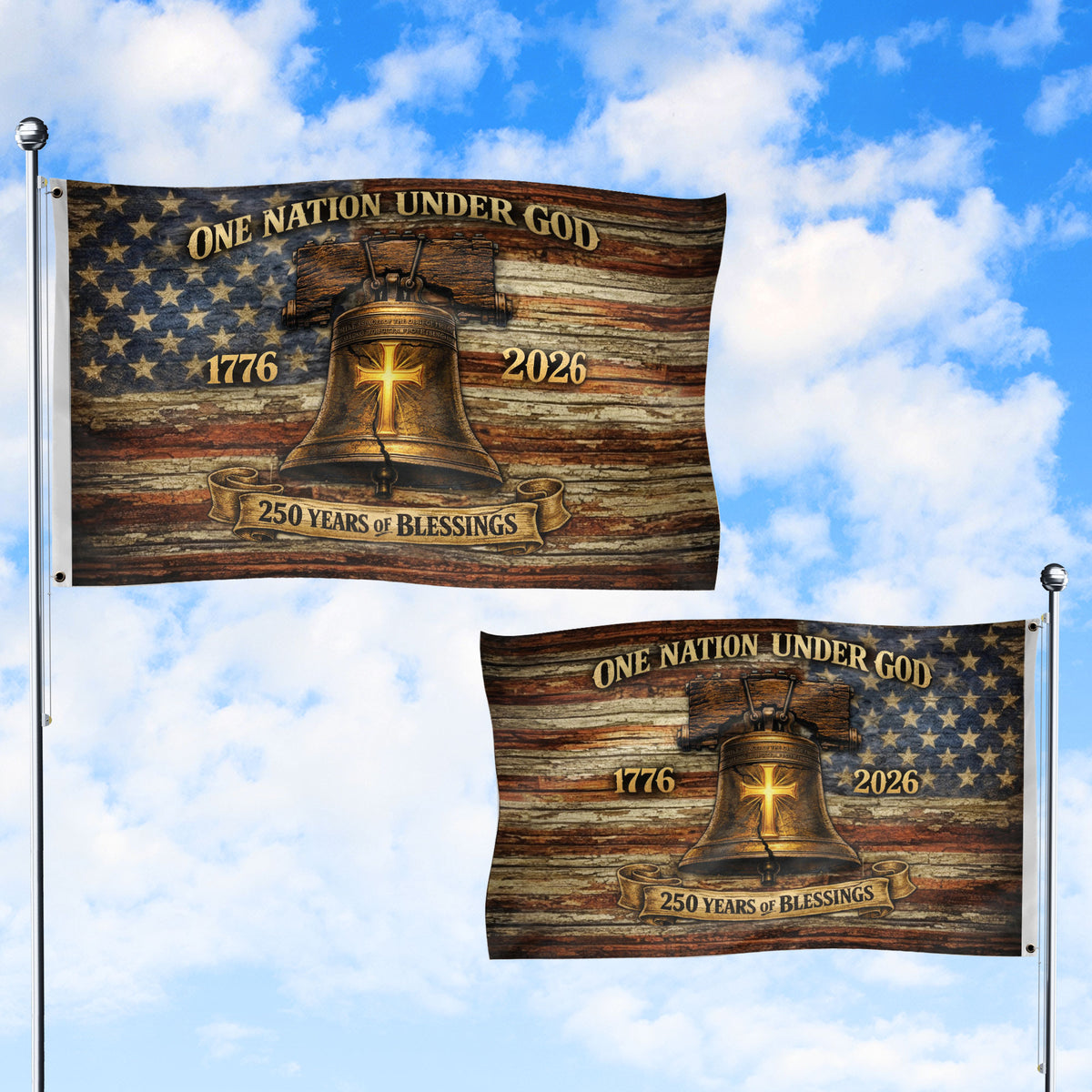 One Nation Under God America 250th Anniversary Flag - 250 Years of Blessings Liberty Bell & Cross Design, 1776-2026 Patriotic Double Sided Flag - Rust Field Wear