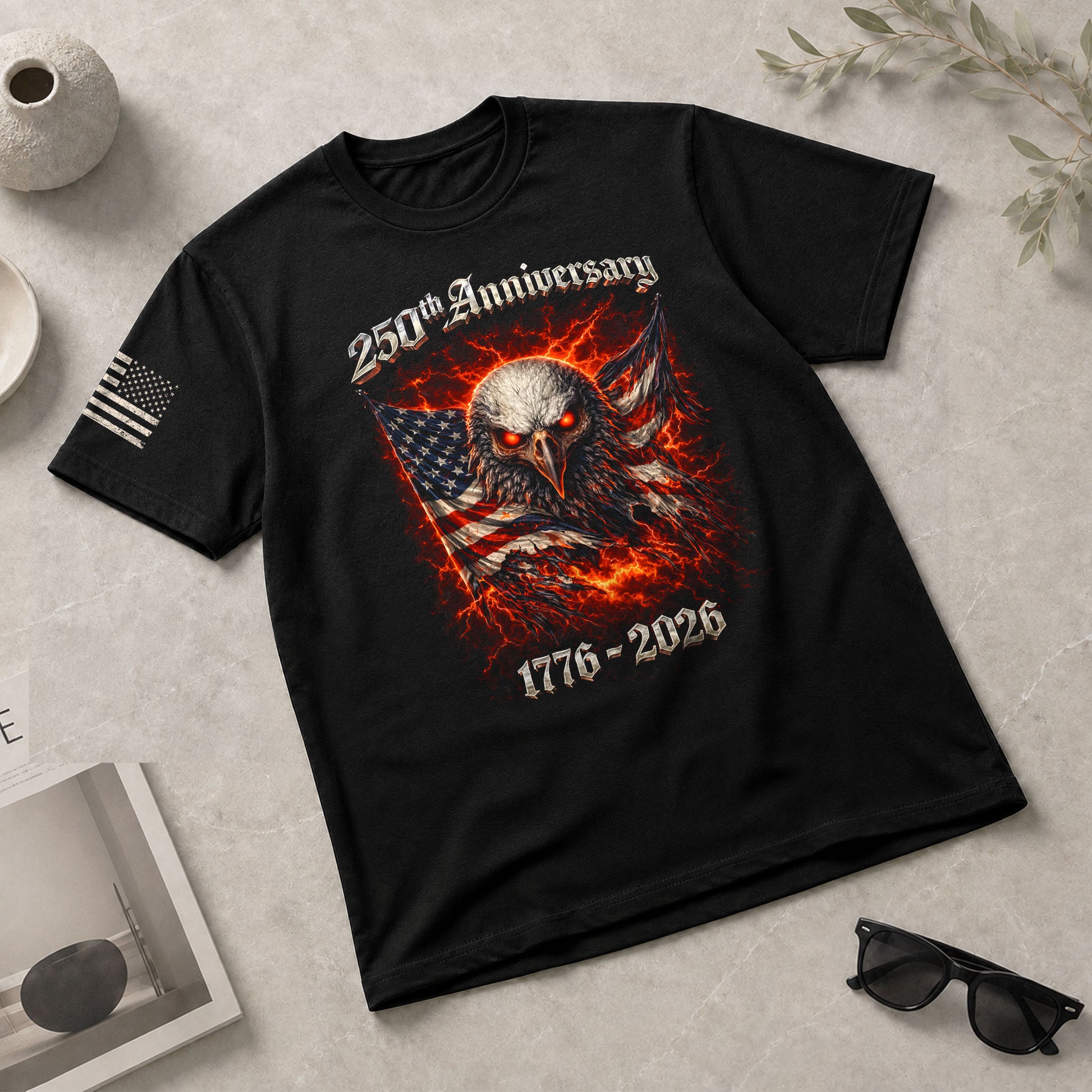Vintage America 250th Anniversary Bootleg T-Shirt - 1776-2026 Fire Eagle Streetwear Tee, 250 Years Lightning Graphic Shirt - Rust Field Wear