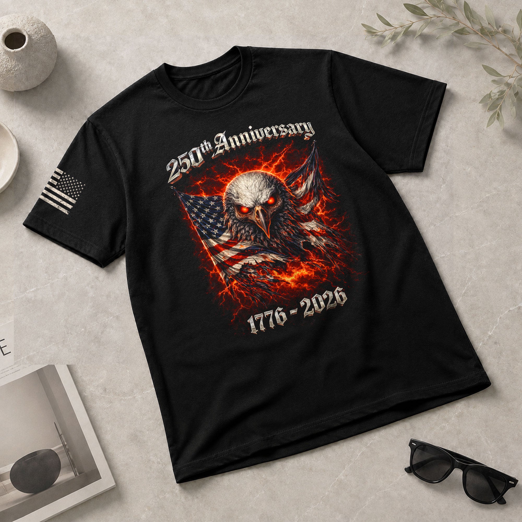Vintage America 250th Anniversary Bootleg T-Shirt - 1776-2026 Fire Eagle Streetwear Tee, 250 Years Lightning Graphic Shirt - Rust Field Wear